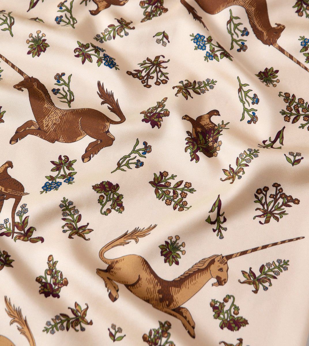 Ecru Unicorn Print Tubular Silk Tasselled Scarf – Drakes