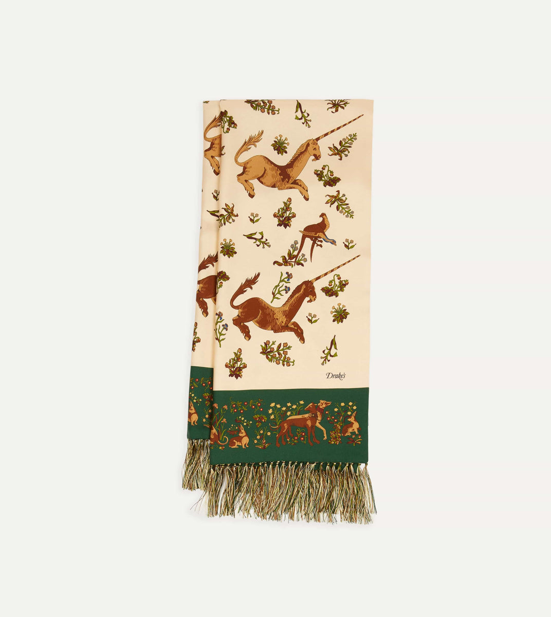 Ecru Unicorn Print Tubular Silk Tasselled Scarf – Drakes