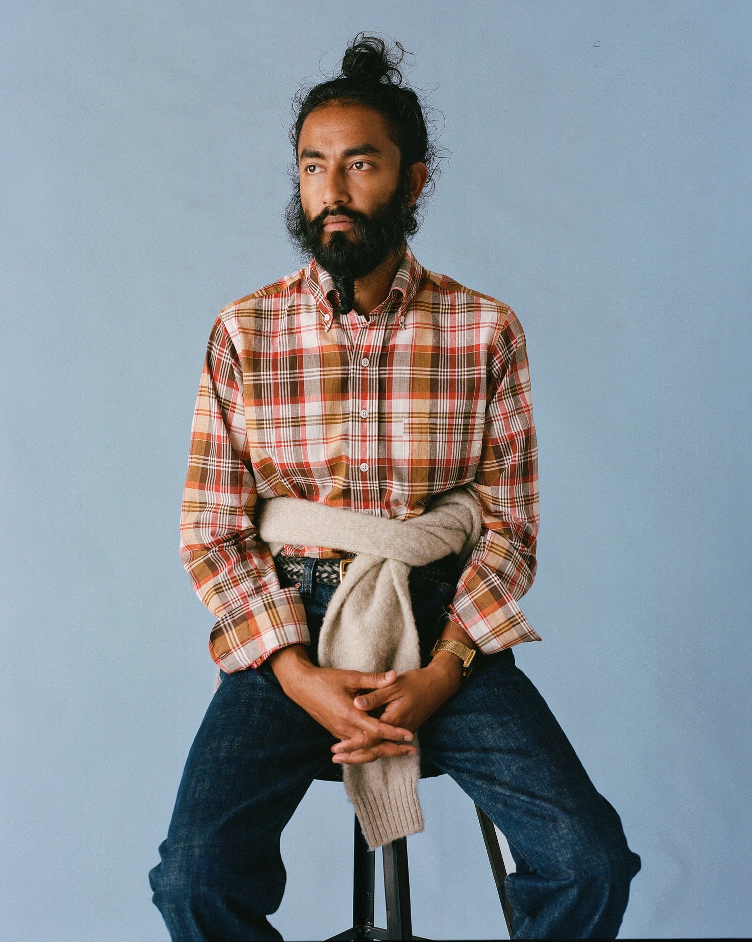 Brown and Red Madras Check Cotton Button-Down Shirt