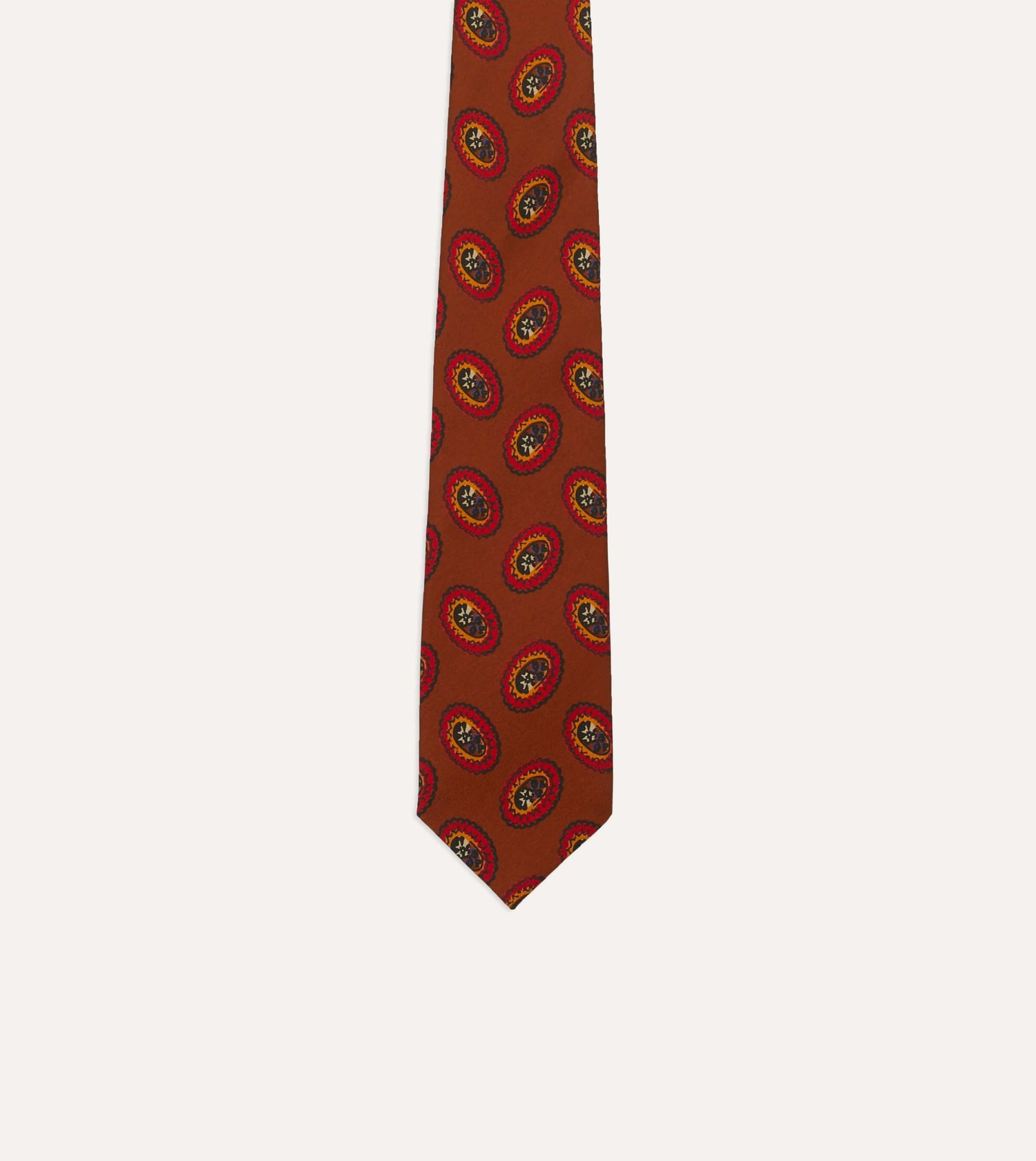 Brown Oval Medallion Print Silk Self Tipped Tie