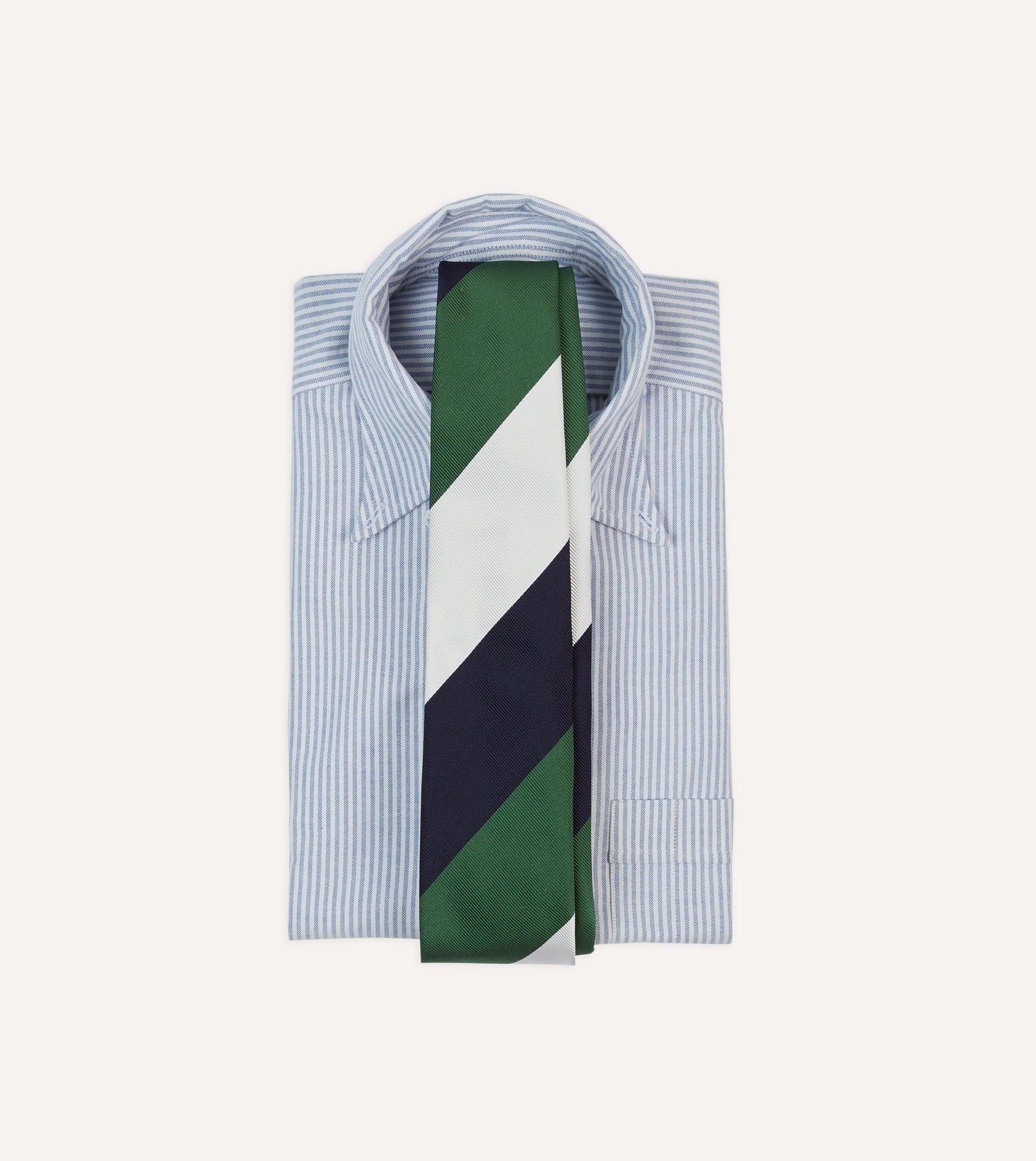 White, Navy and Green Wide Stripe Repp Silk Tipped Tie