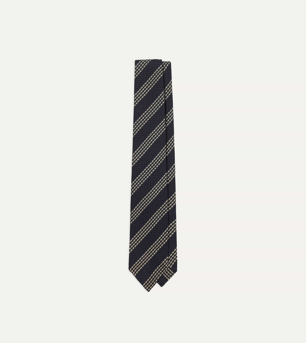 Navy and Silver Stripe Hand Rolled Large Knot Grenadine Tie – Drakes