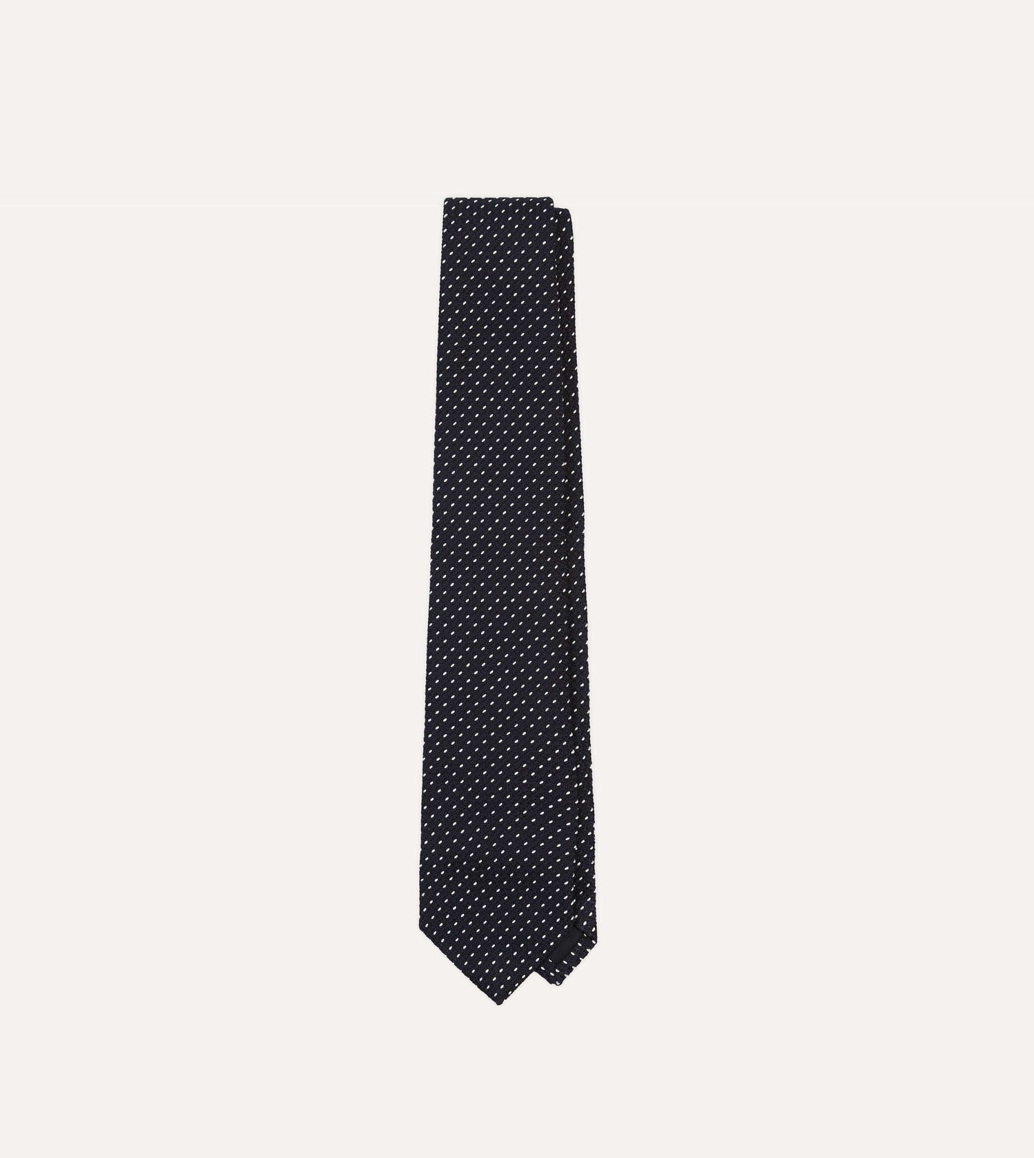 Navy and White Stitching Woven Grenadine Silk Tipped Tie