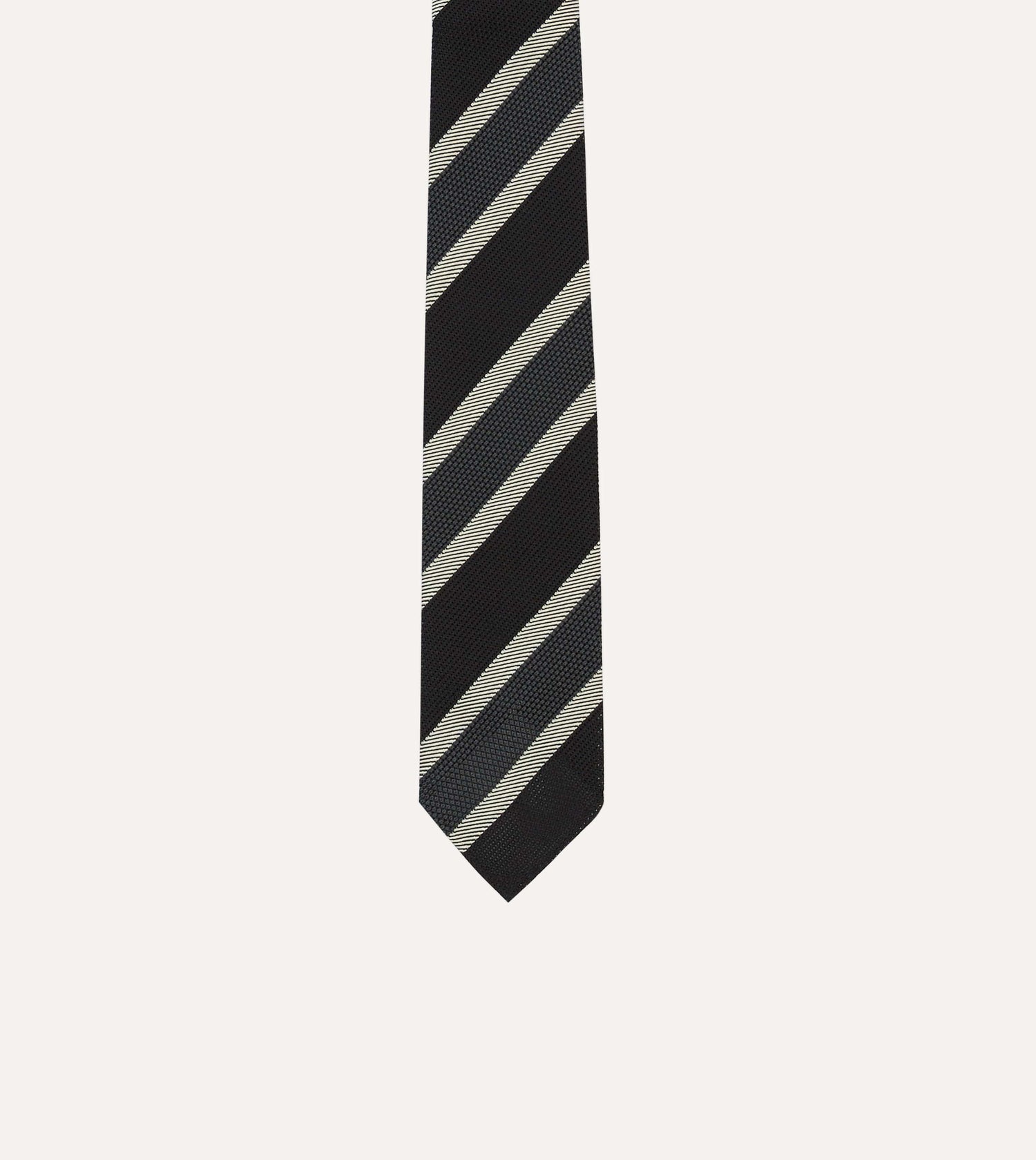 Black, White and Grey Multi Stripe Hand Rolled Silk Grenadine Tie