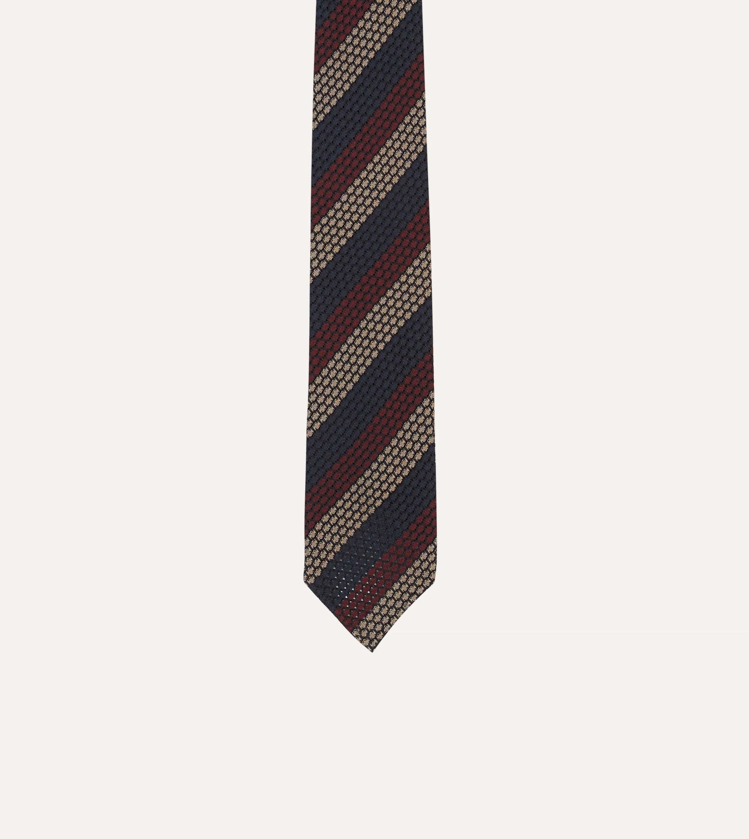 Navy, Red and Gold Block Stripe Hand Rolled Silk Grenadine Tie