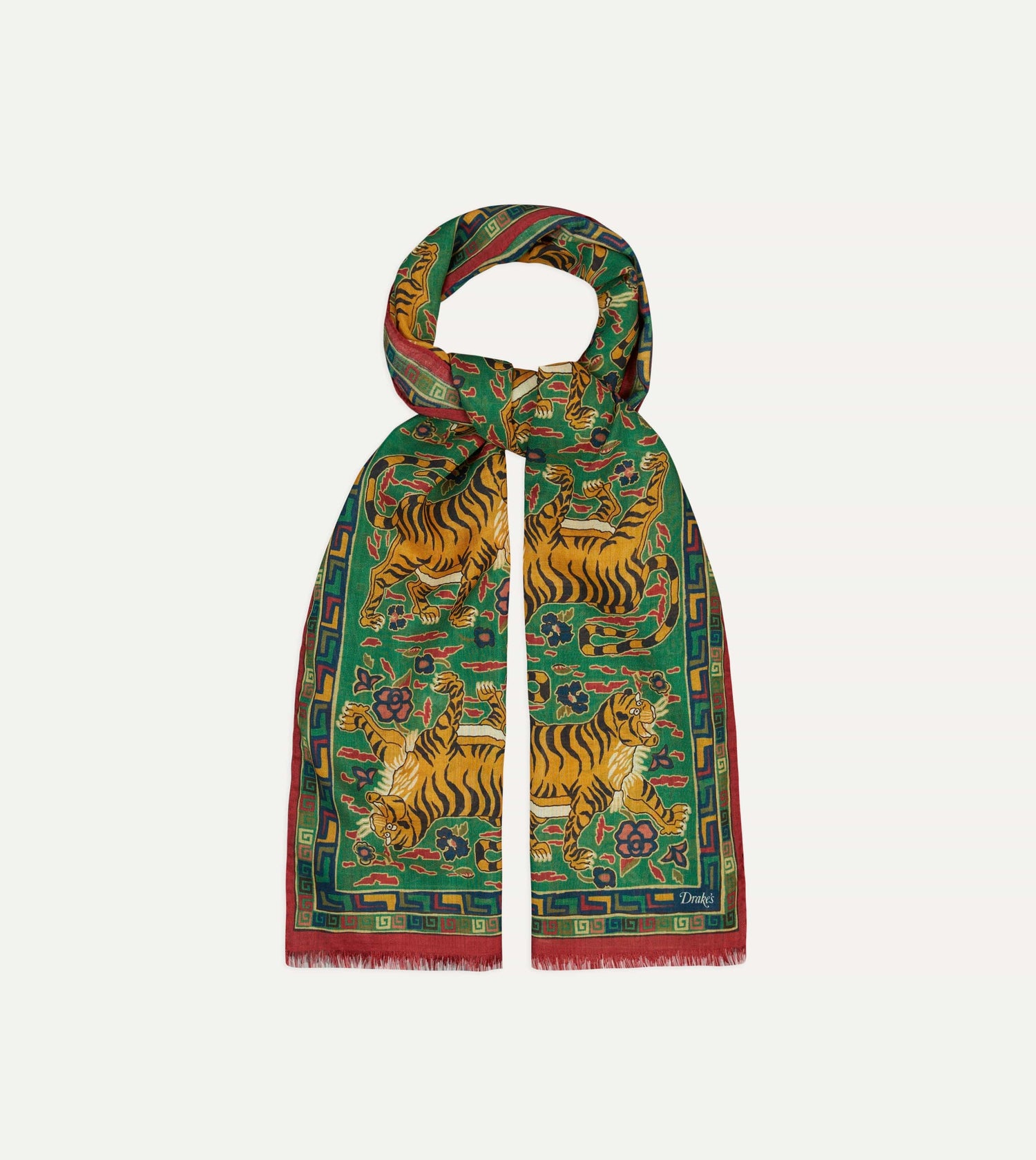 Green Jumbo Tiger Print Wool-Silk Scarf