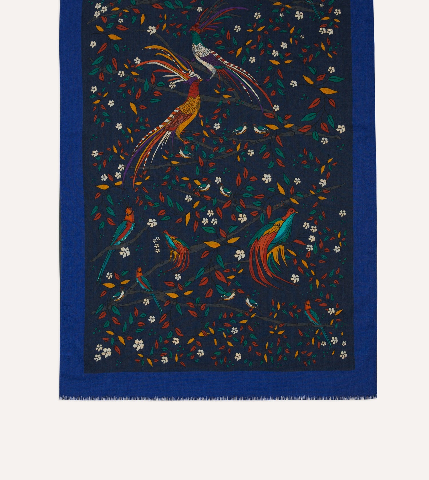 Navy Birds of Paradise Print Wool Scarf