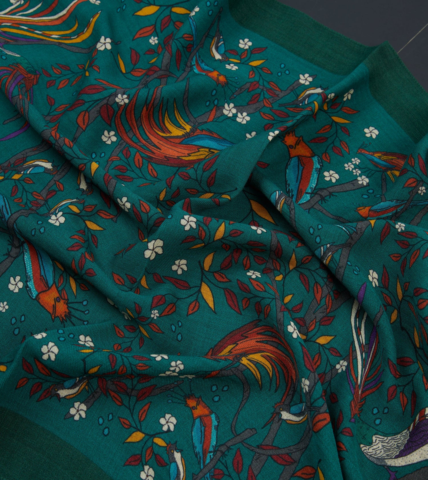 Green Birds of Paradise Print Wool Scarf