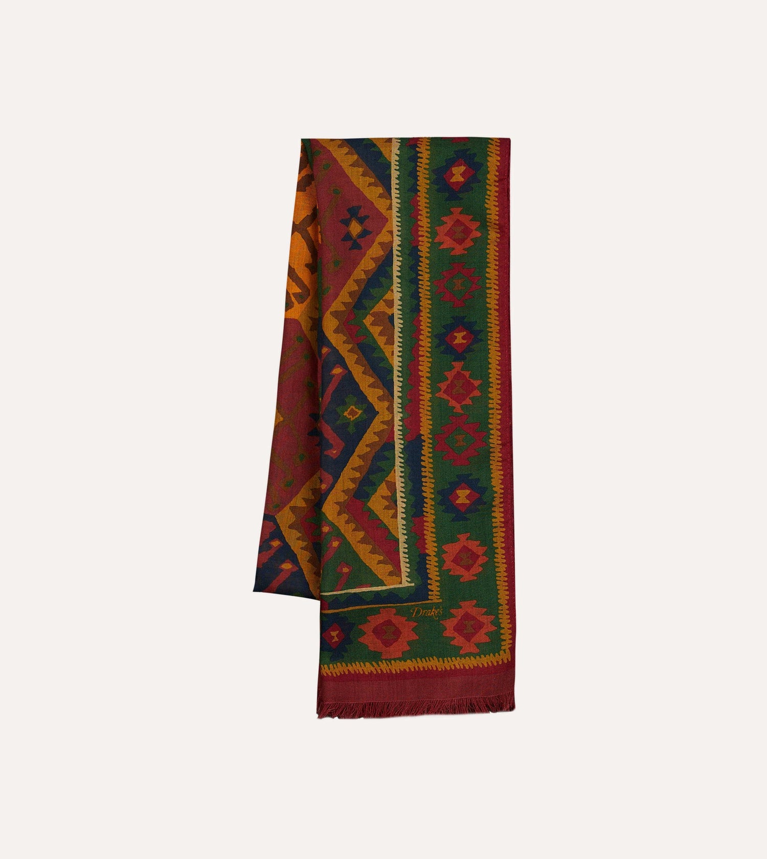 Green Kilim Print Wool-Silk Scarf