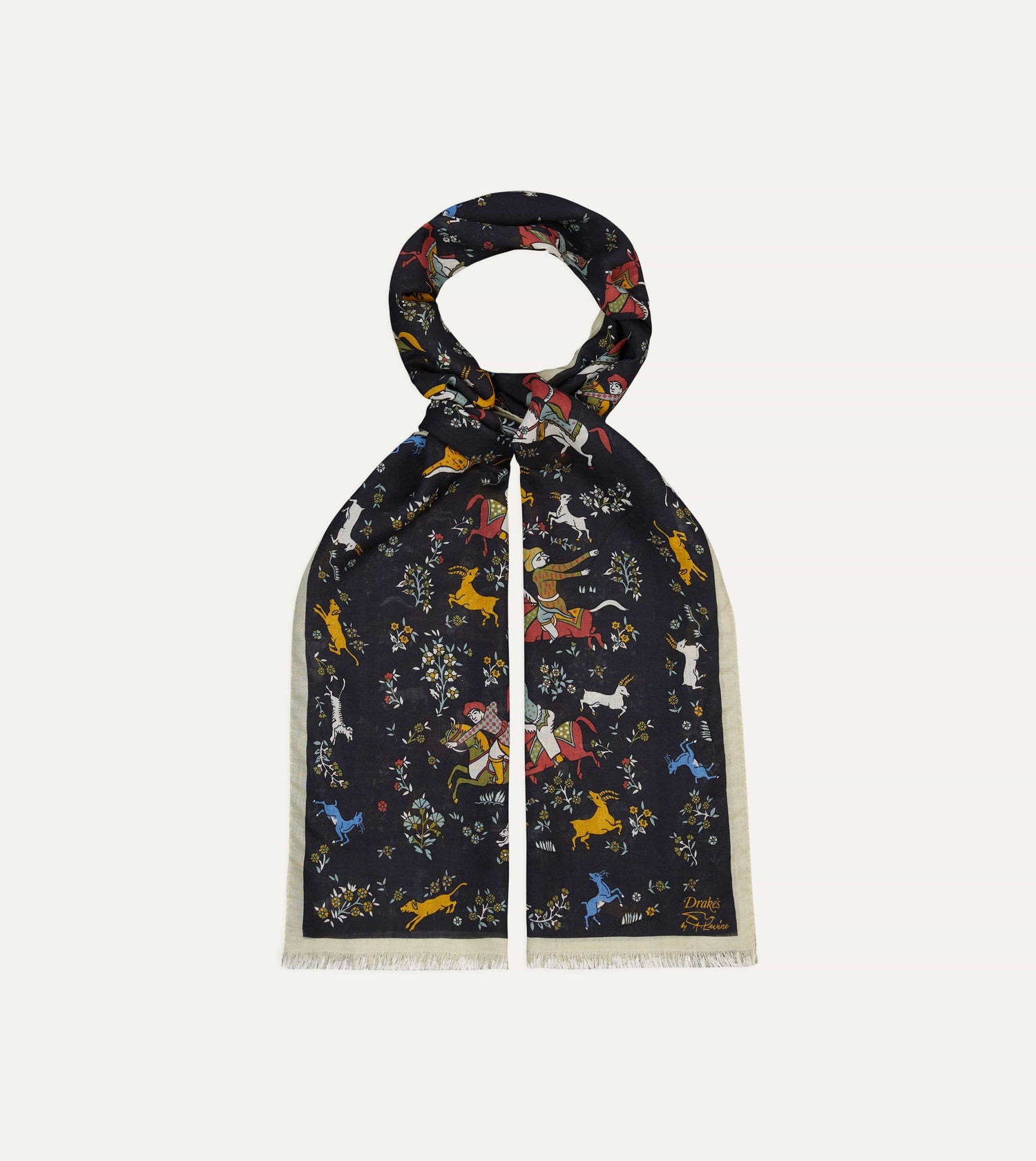 Drake's by A. Levine Black Mughal Print Wool-Silk Scarf