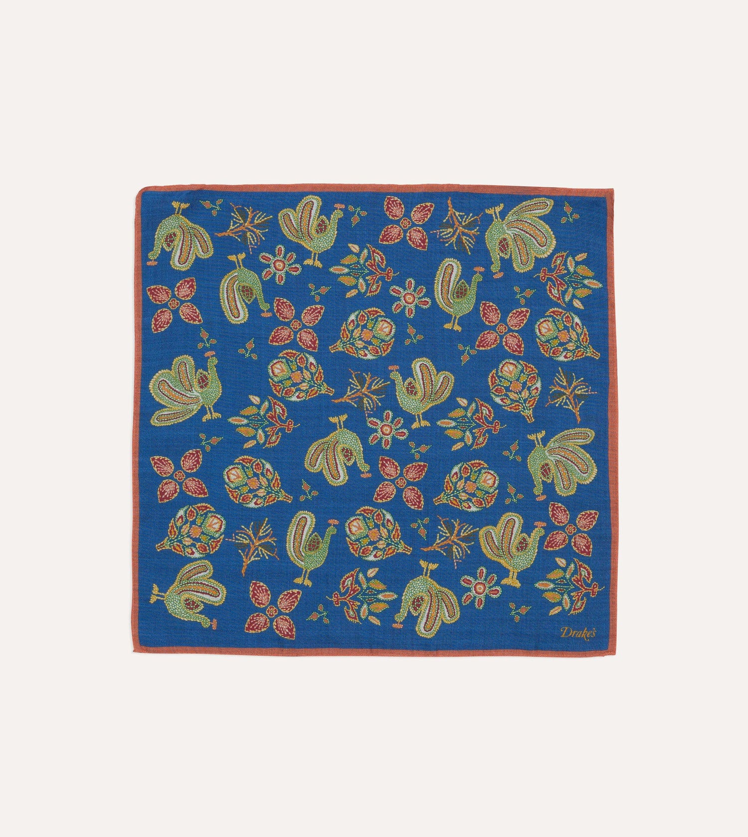 Navy Peacock Print Wool-Silk Pocket Square