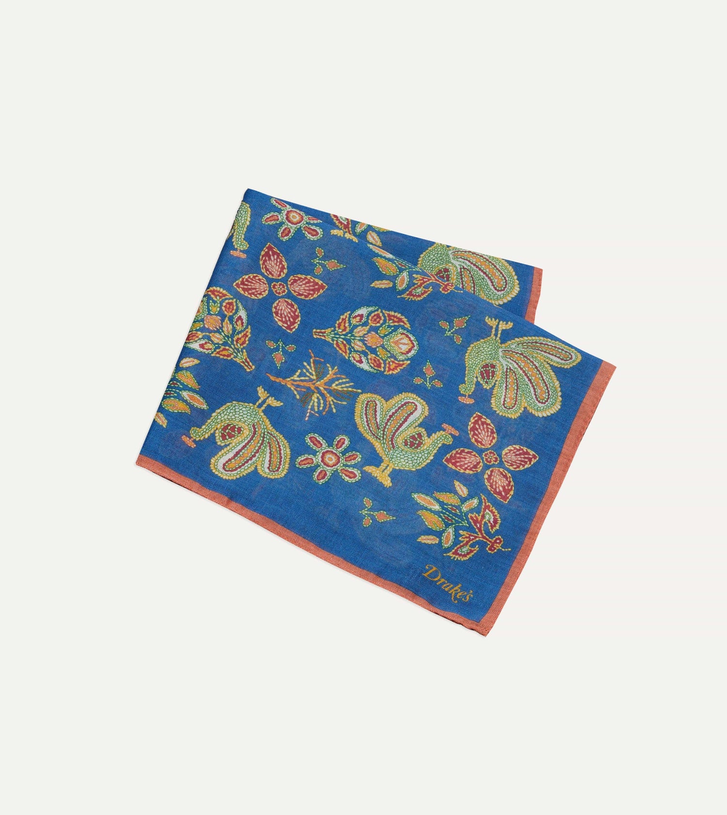 Navy Peacock Print Wool-Silk Pocket Square