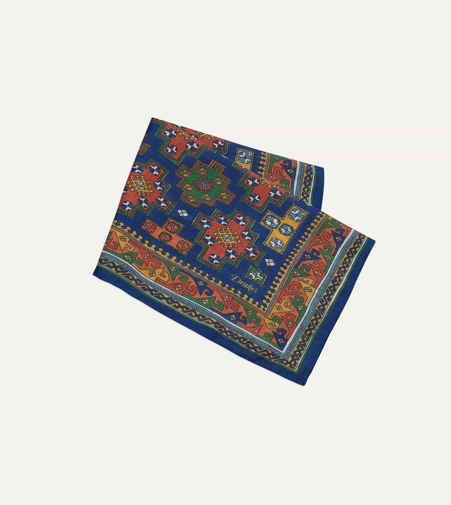 Navy Kilim Print Wool-Silk Pocket Square