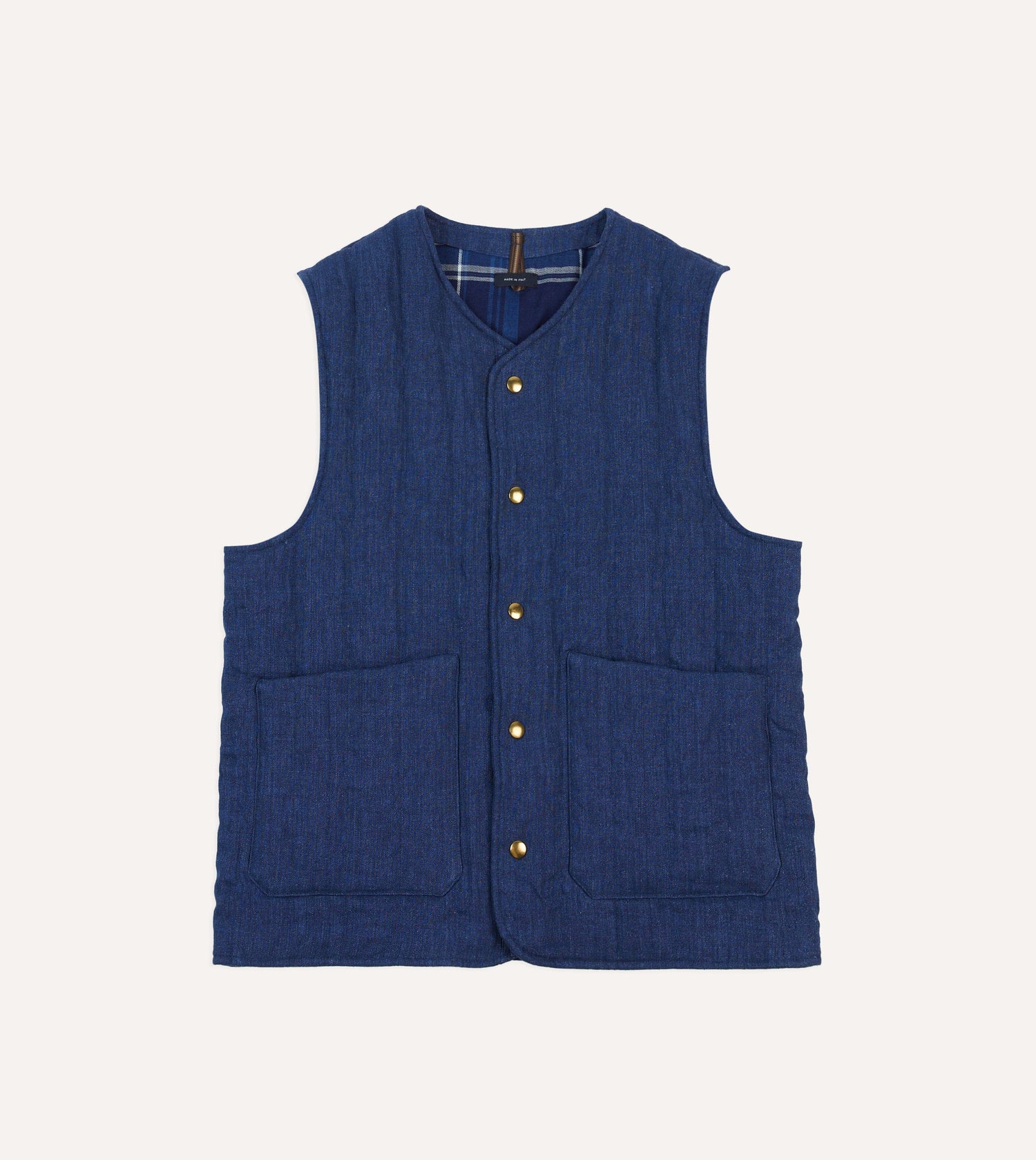 Blue Linen Quilted Snap Vest