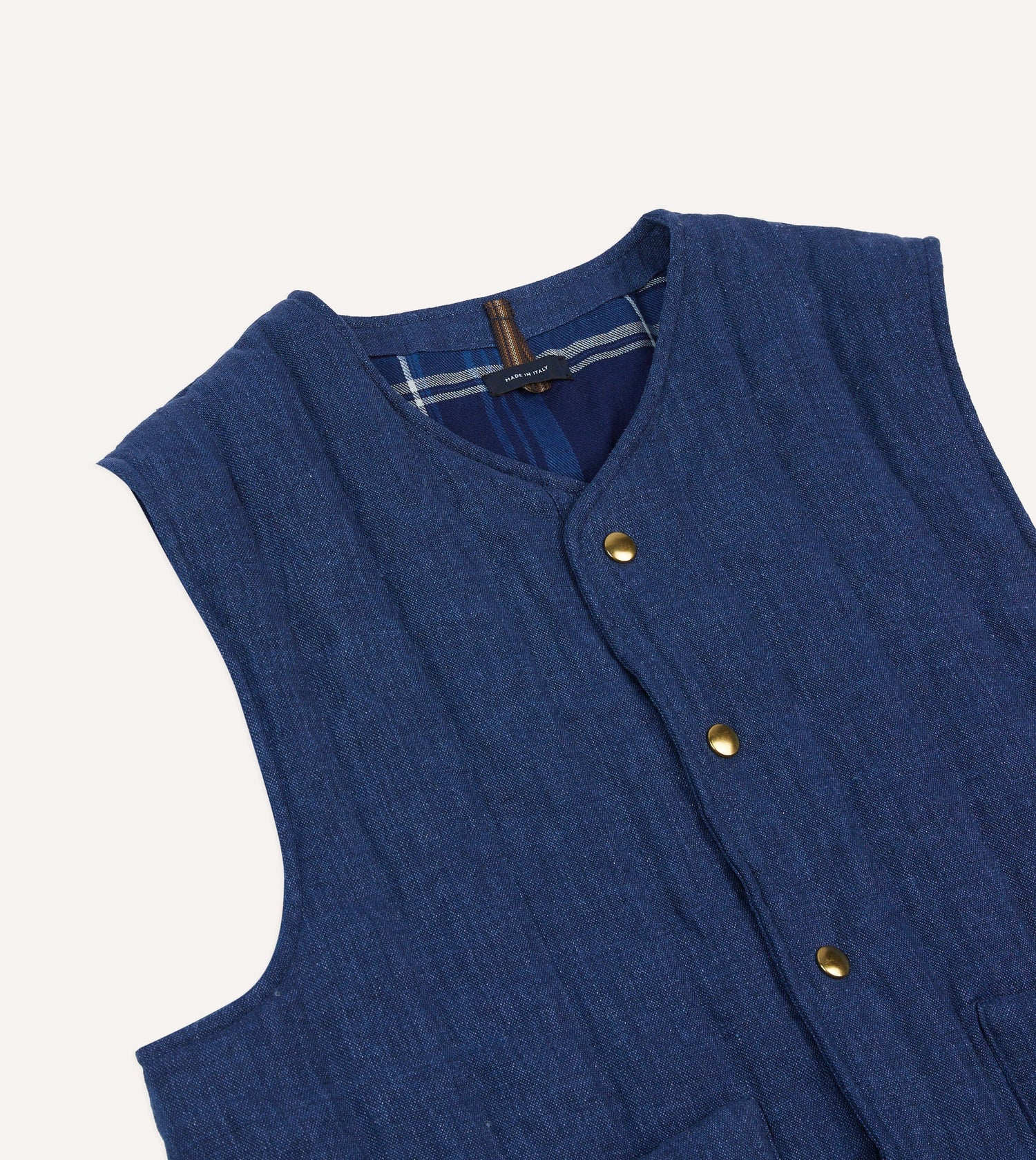 Blue Linen Quilted Snap Vest