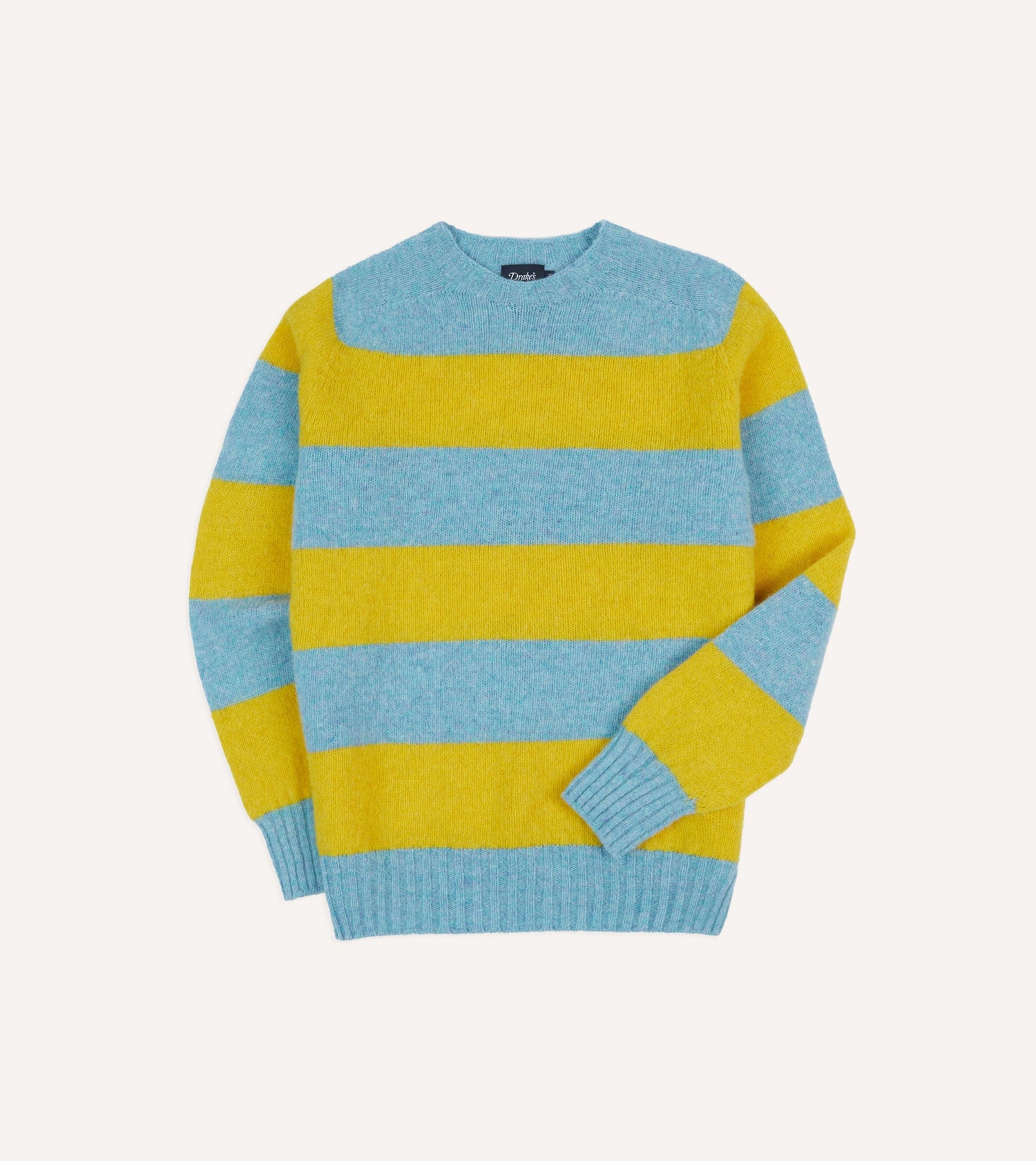 Blue and Yellow Striped Brushed Shetland Crew Neck Jumper