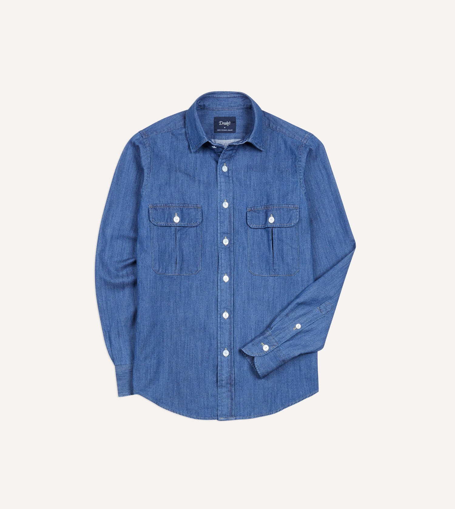 Mid-Blue Washed Denim Cotton Two-Pocket Work Shirt