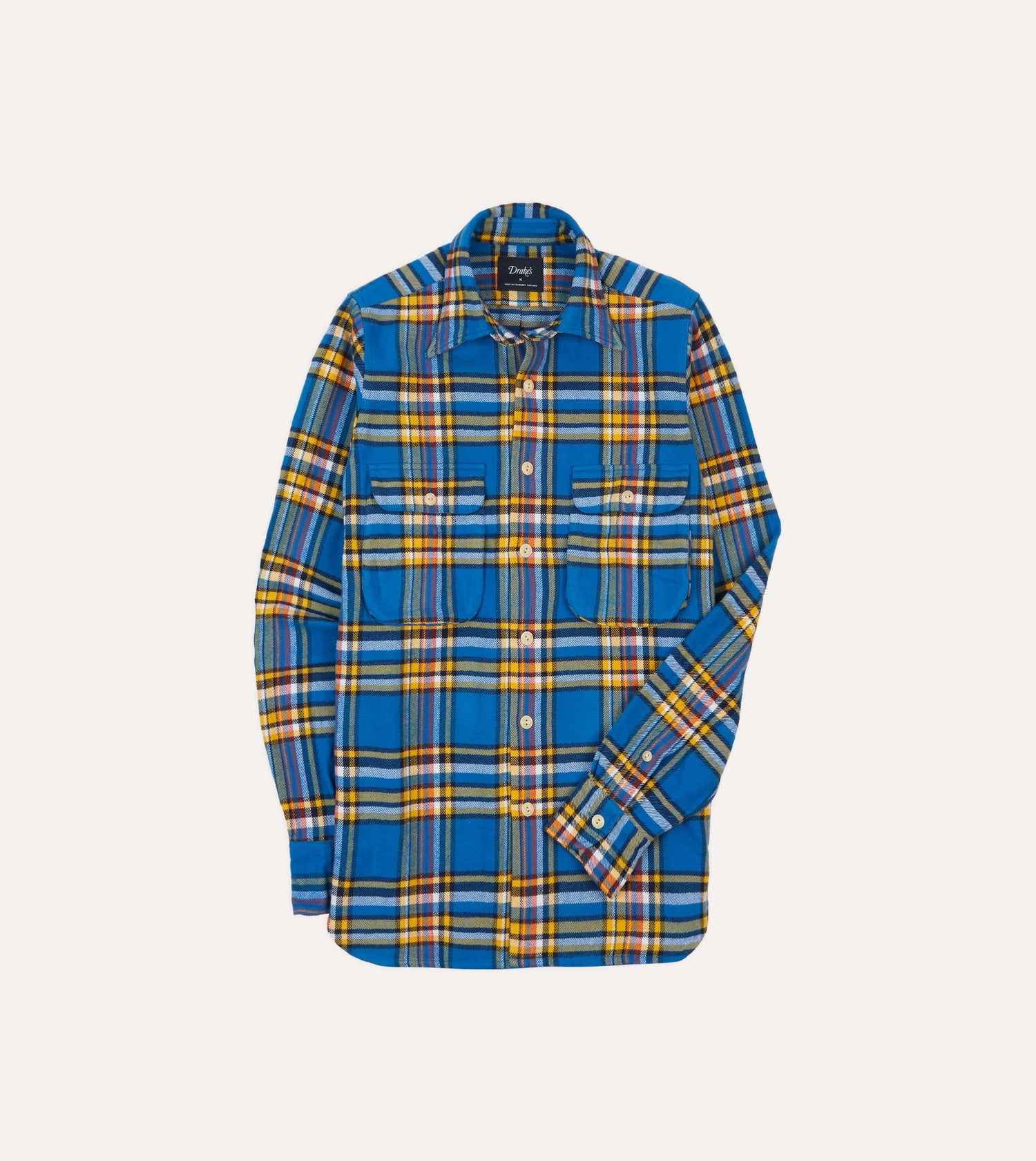 Blue and Yellow Check Brushed Cotton Two-Pocket Work Shirt