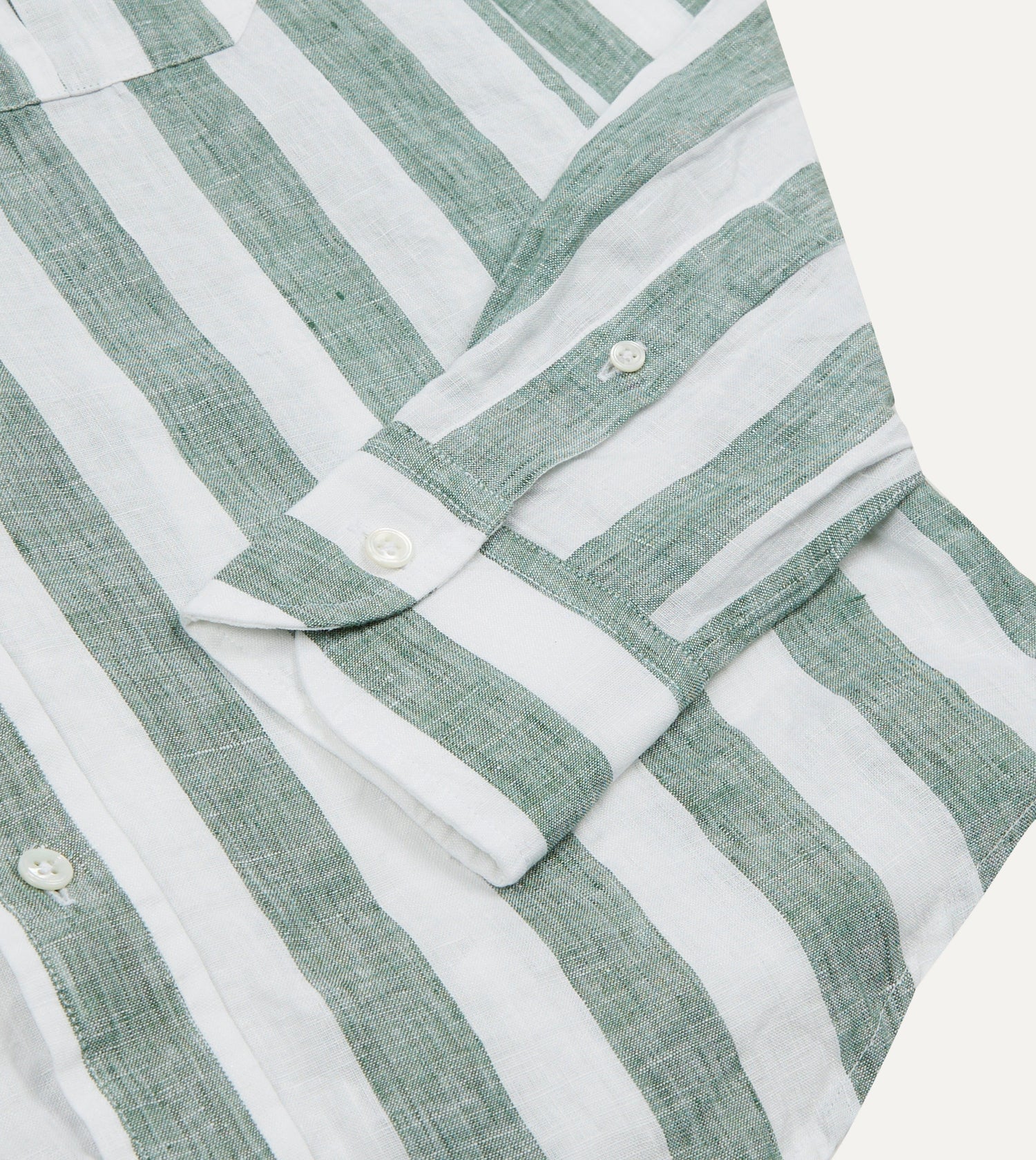 Green and White Broad Stripe Linen Spread Collar Shirt