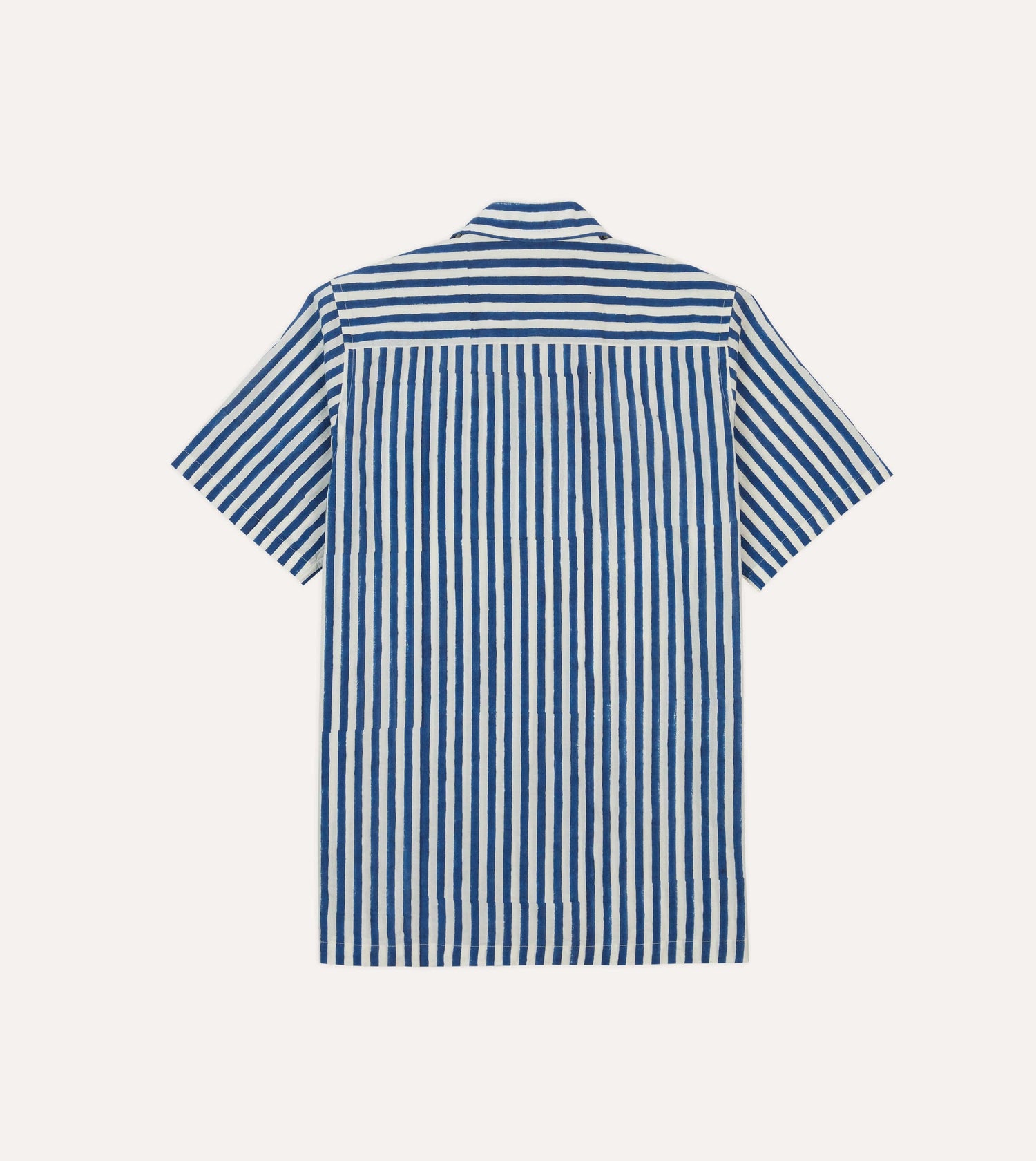 Blue Stripe Block Print Cotton Camp Collar Short Sleeve Shirt