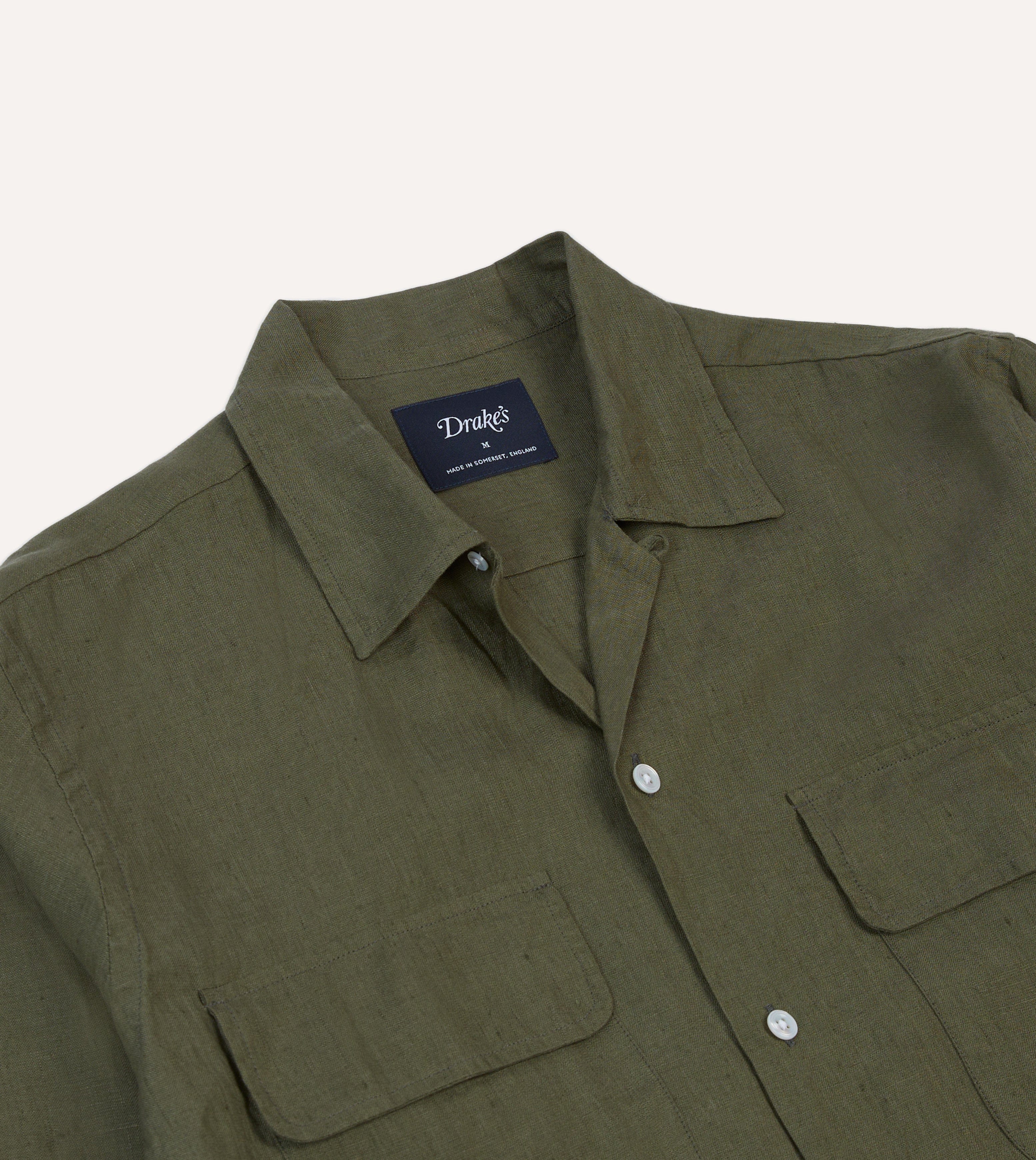 Khaki Linen Camp Collar Long Sleeve Shirt Drakes