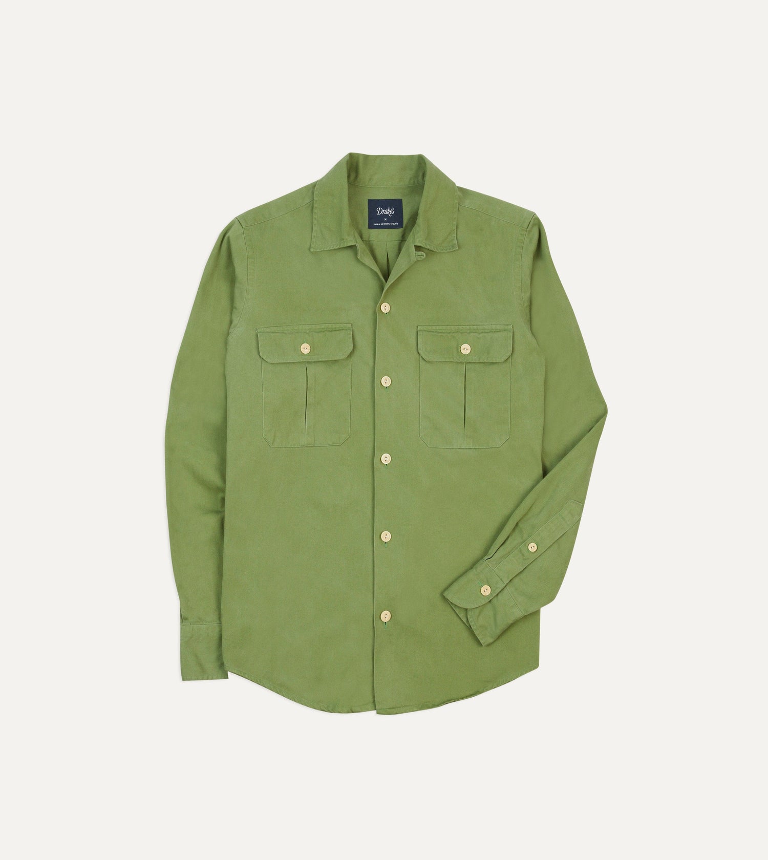 Green Brushed Cotton Twill Camp Collar Long Sleeve Shirt