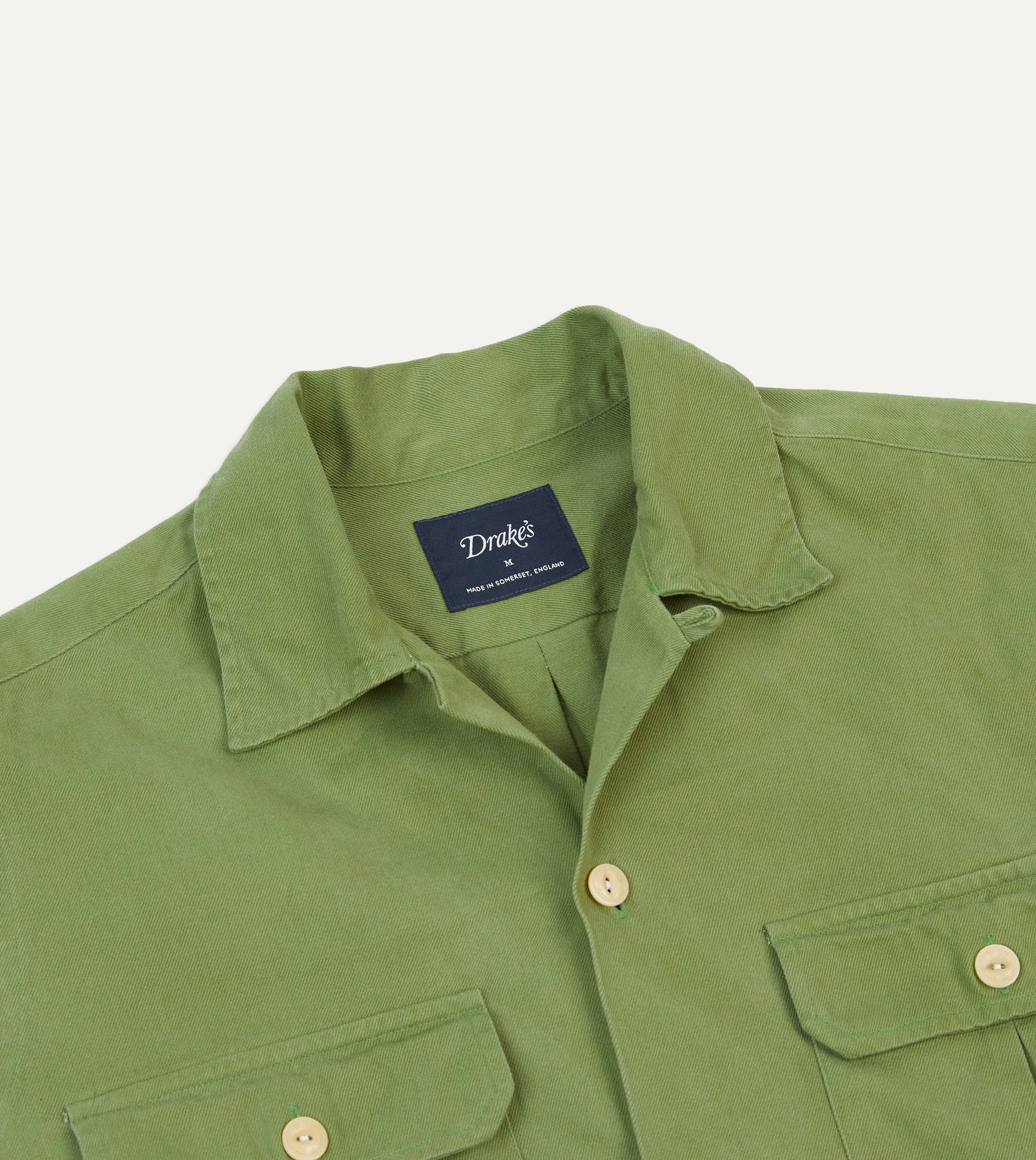 Green Brushed Cotton Twill Camp Collar Long Sleeve Shirt