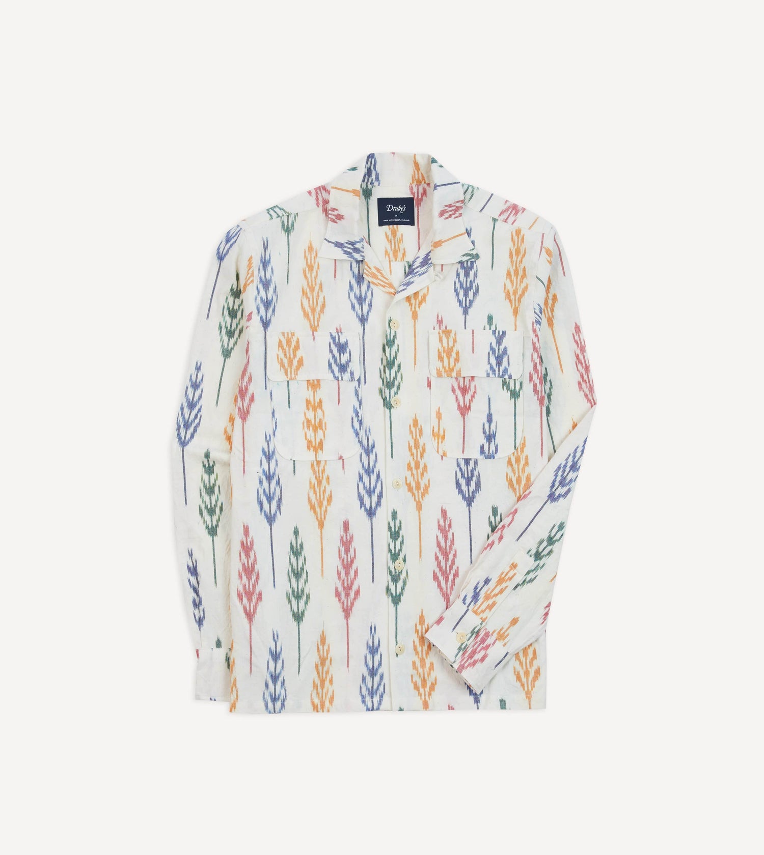 Ikat Print Brushed Cotton Camp Collar Long Sleeve Shirt