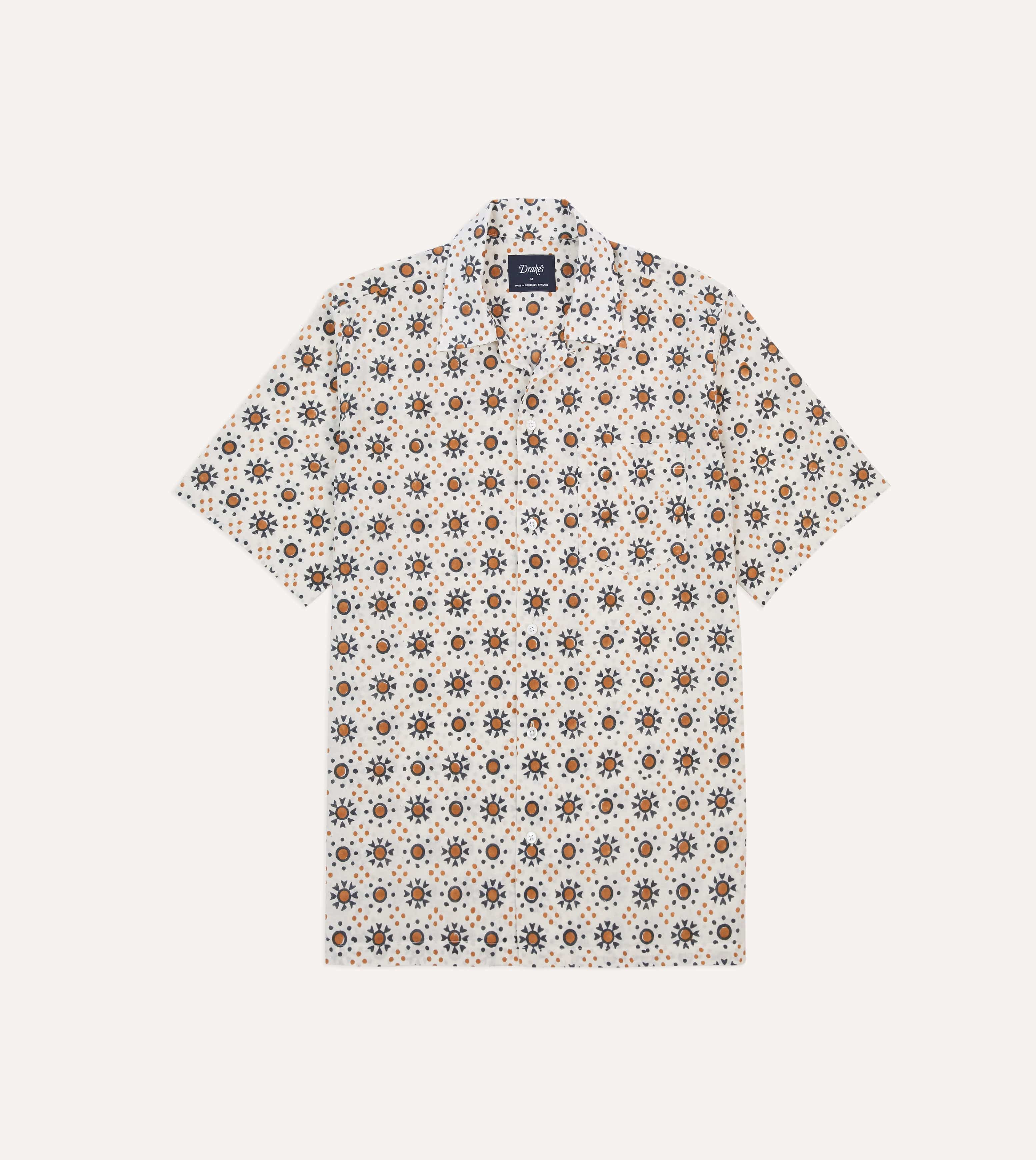 Ecru Sun Block Print Cotton Camp Collar Short Sleeve Shirt – Drakes
