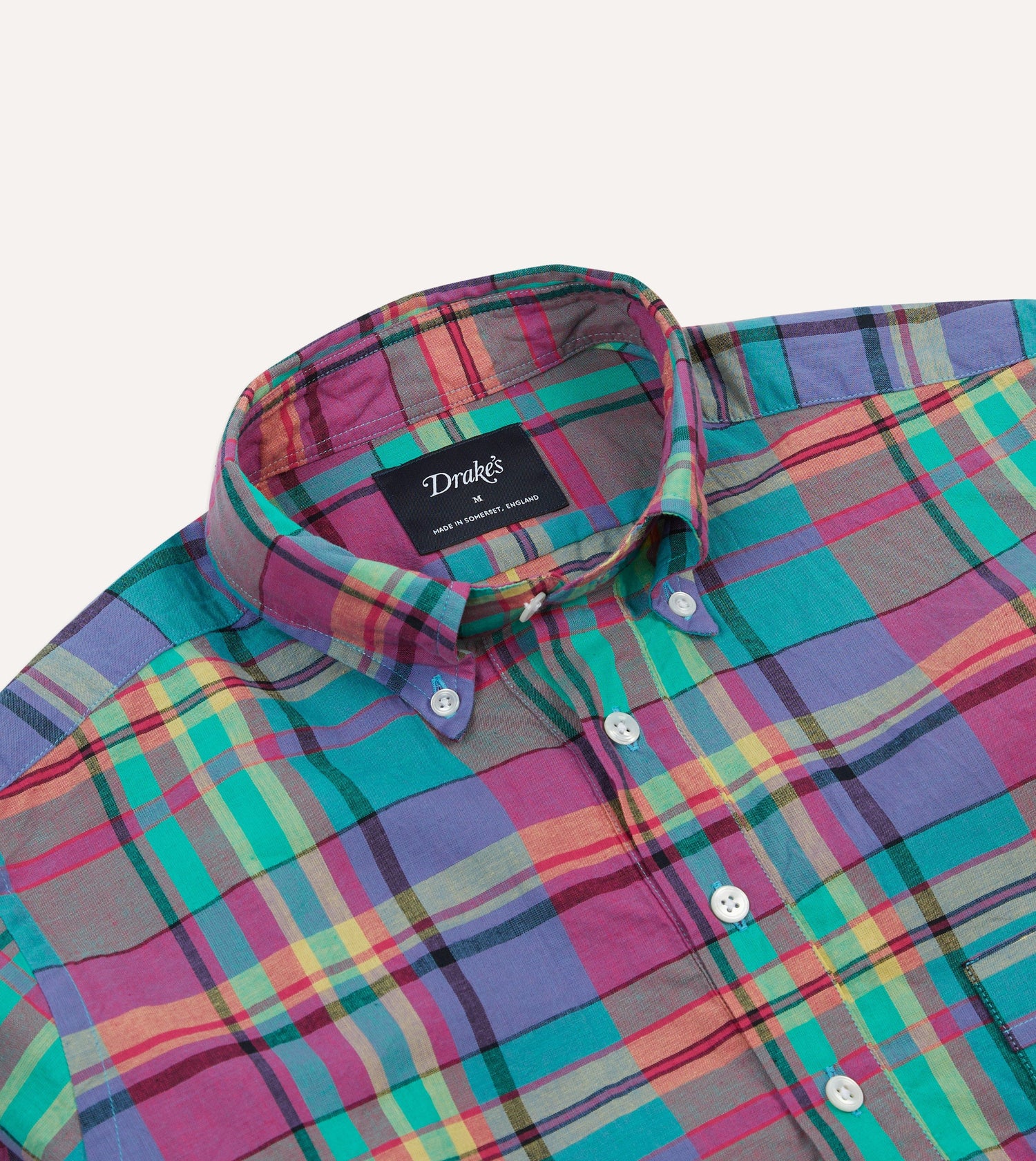 Pink and Blue Madras Check Cotton Button-Down Popover Shirt