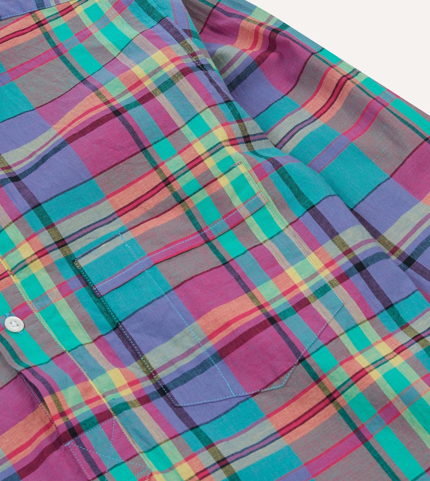 Pink and Blue Madras Check Cotton Button-Down Popover Shirt