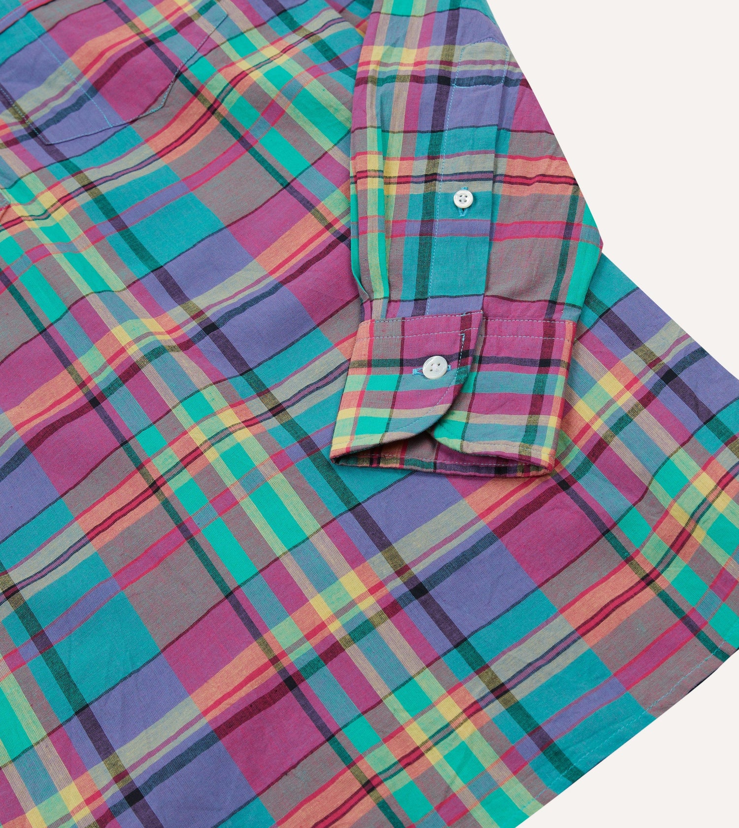 Pink and Blue Madras Check Cotton Button-Down Popover Shirt