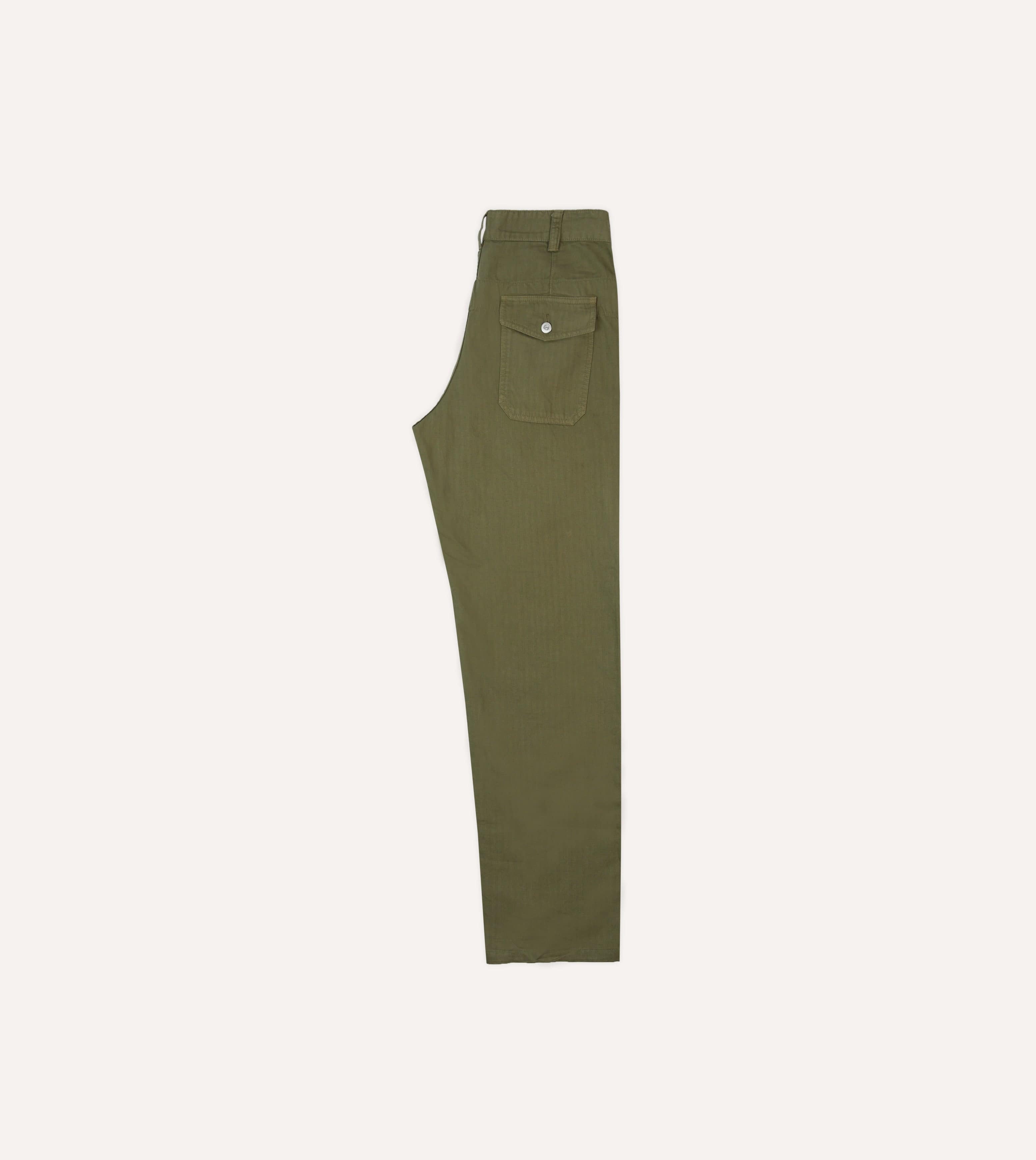 Olive Cotton Herringbone Fatigue Trouser – Drakes