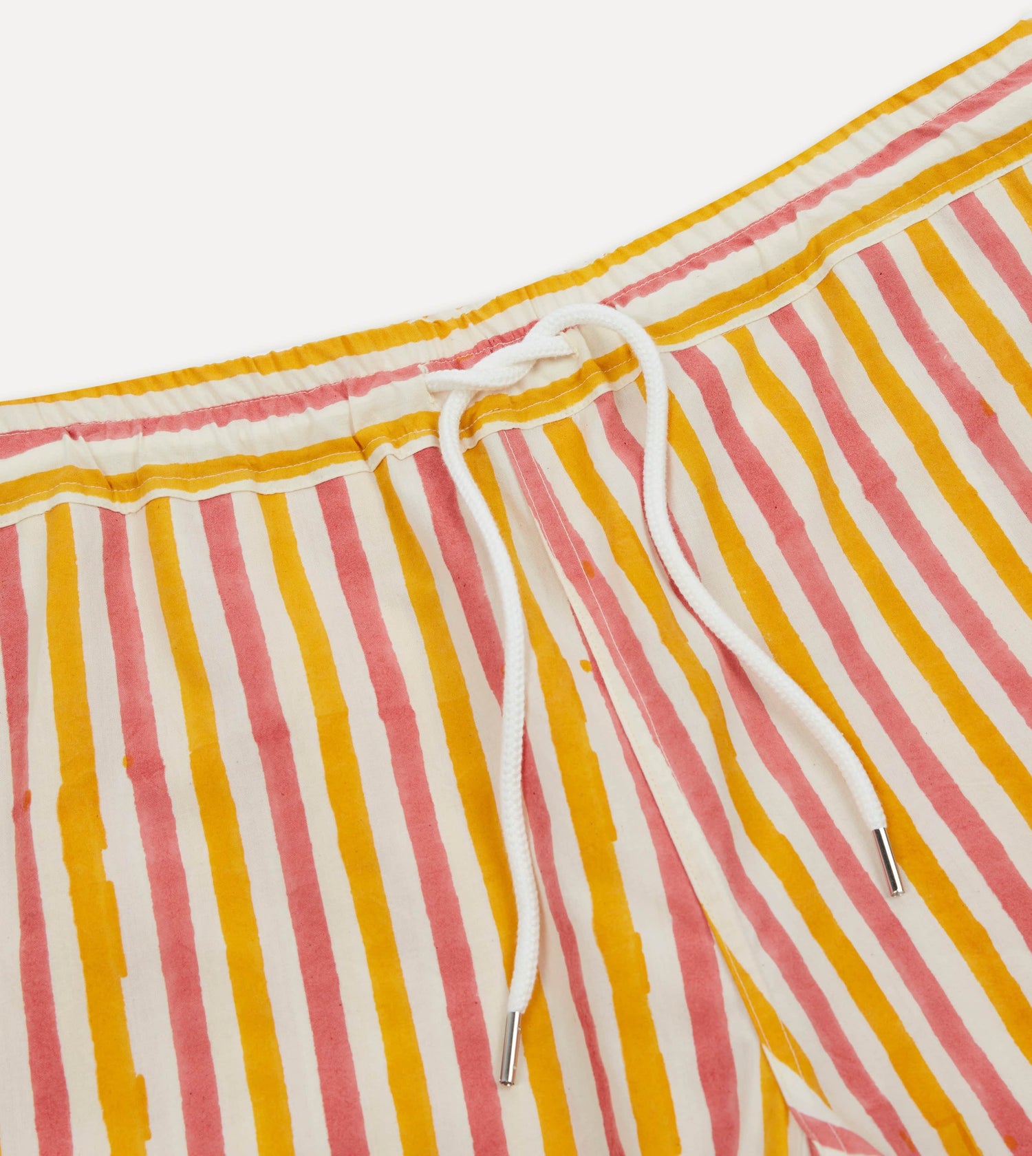 Yellow and Pink Stripe Block Print Cotton Drawstring Shorts