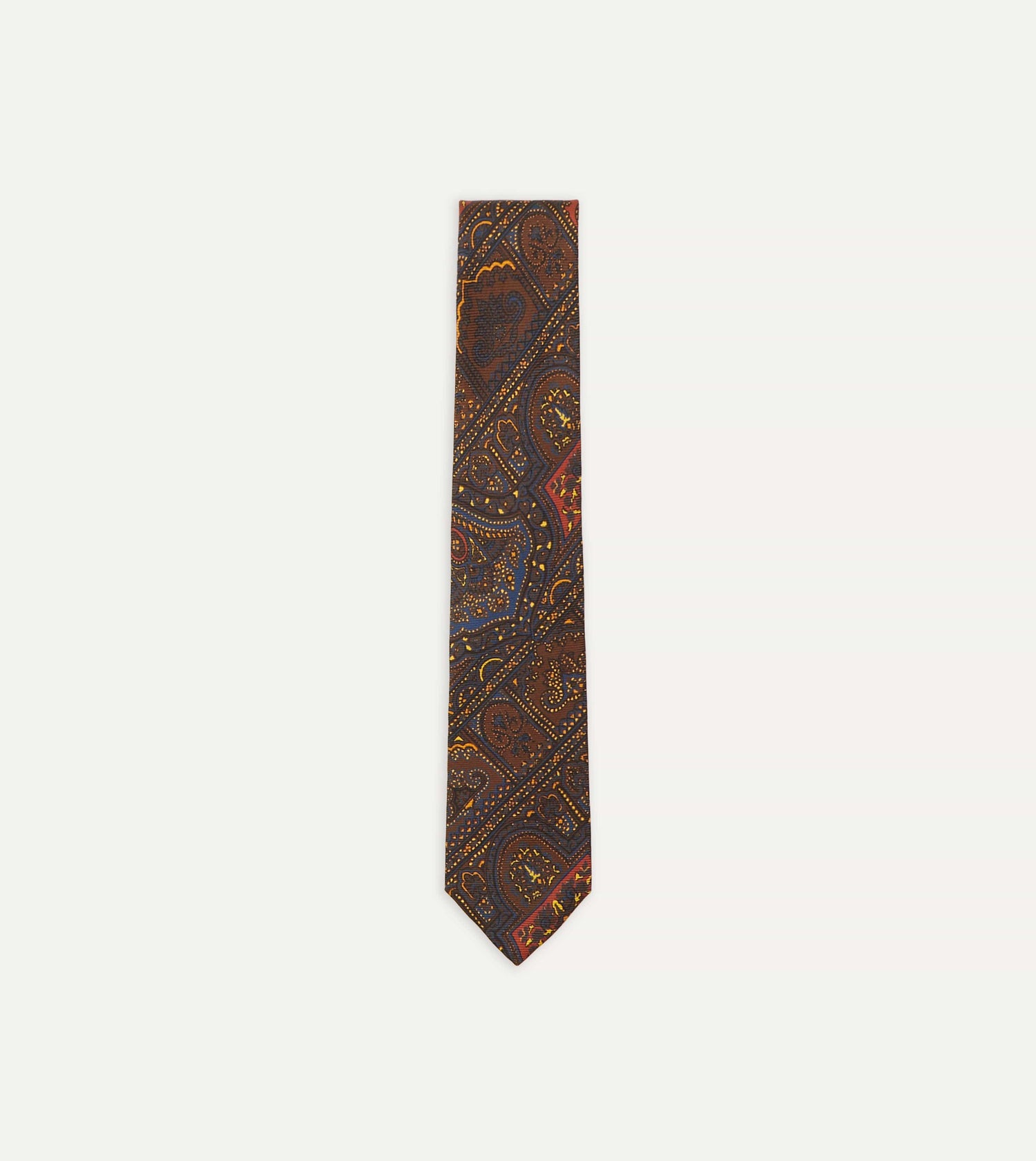 Brown, Navy and Red Paisley Print Madder Twill Silk Tie