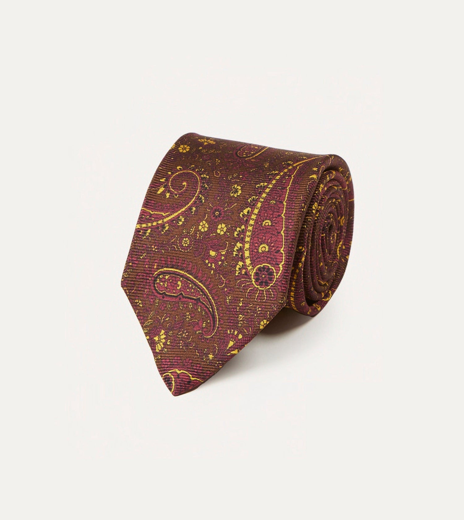 Brown, Red and Yellow Paisley Print Madder Twill Silk Tie