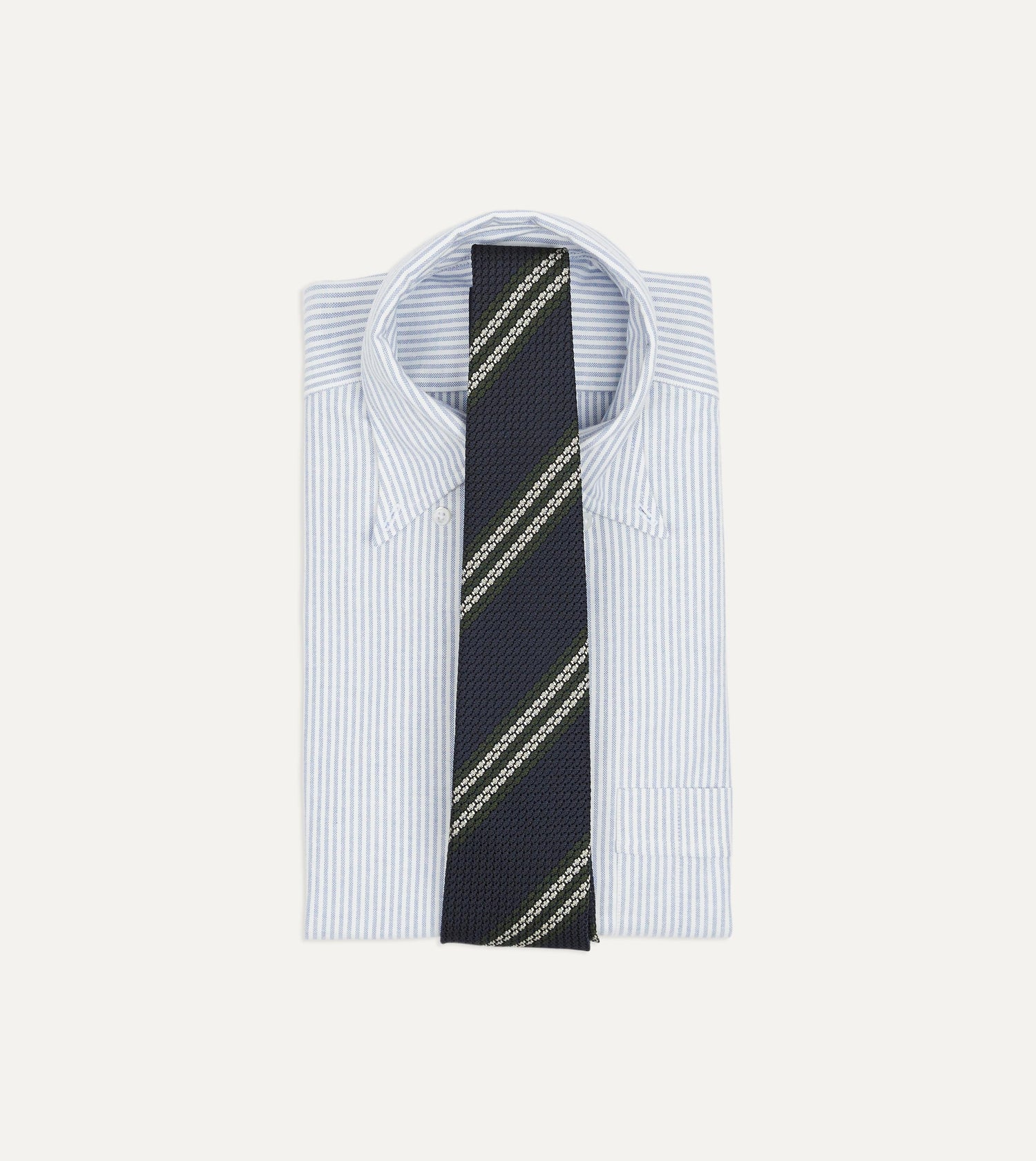 Navy, Green and White Double Stripe Silk Grenadine Tie