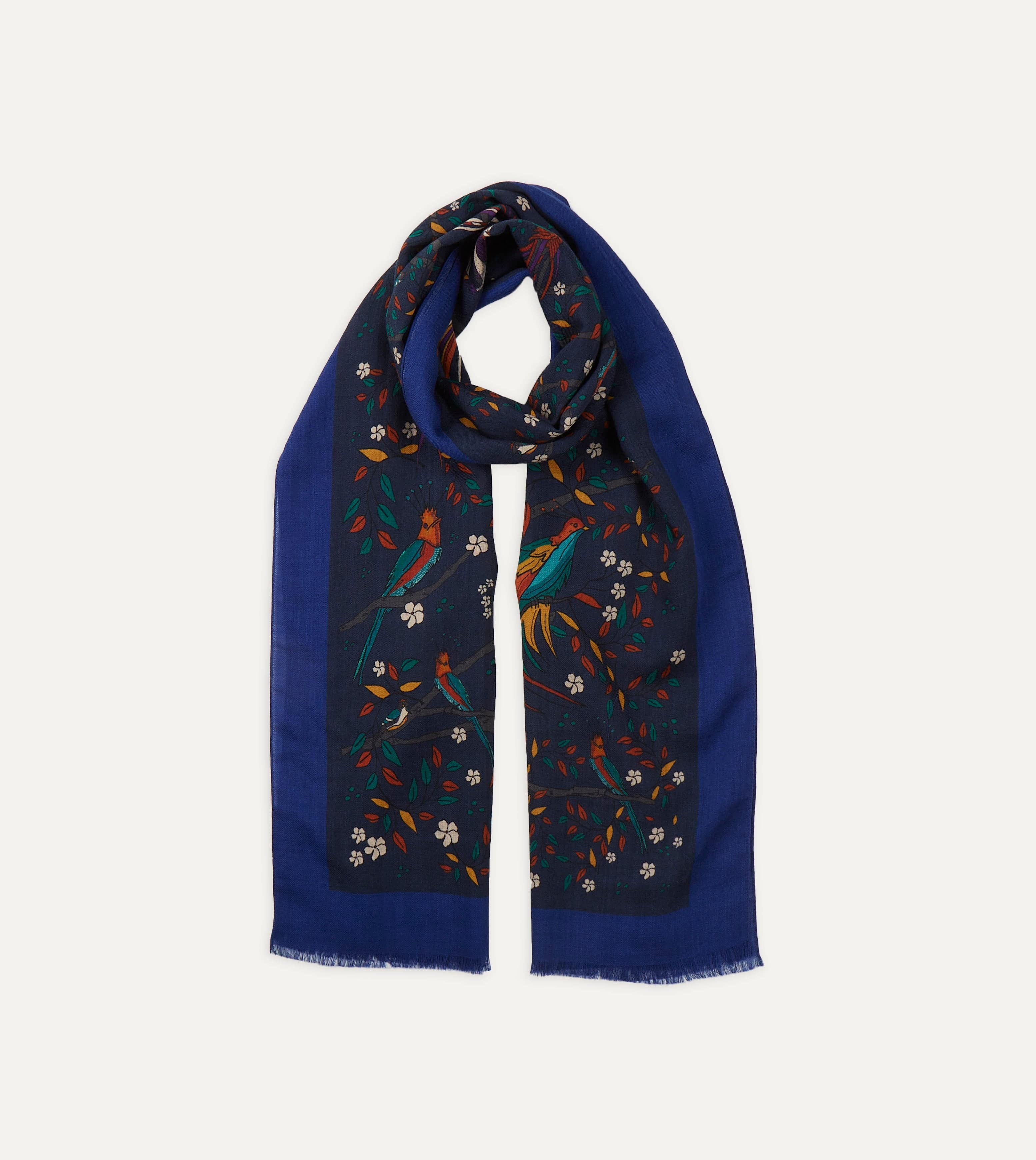 Navy Birds of Paradise Print Wool Scarf – Drakes