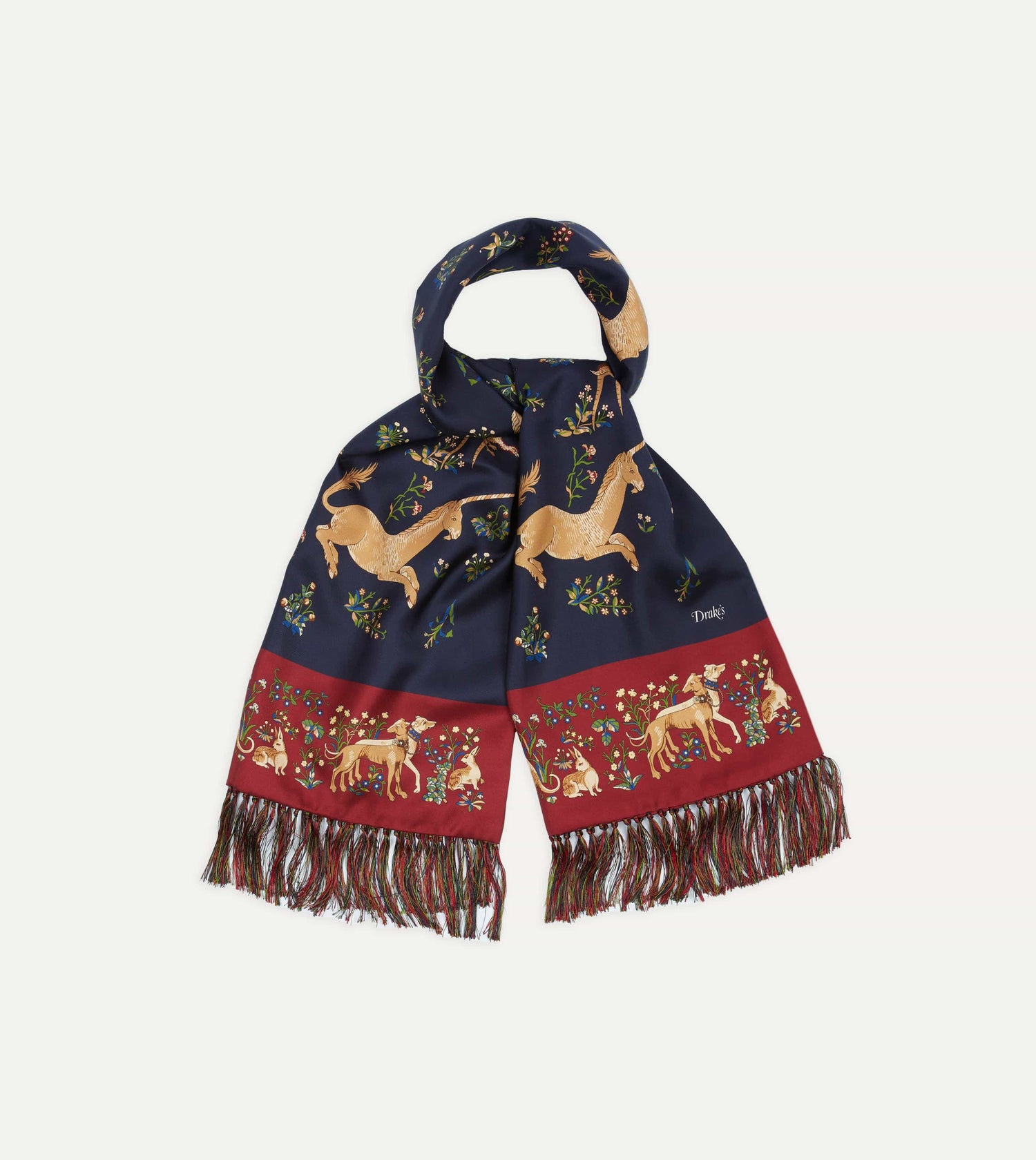 Navy Unicorn Print Tubular Silk Tasselled Scarf