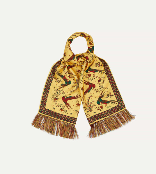 Gold Birds of Paradise Print Tubular Silk Tasselled Scarf – Drakes