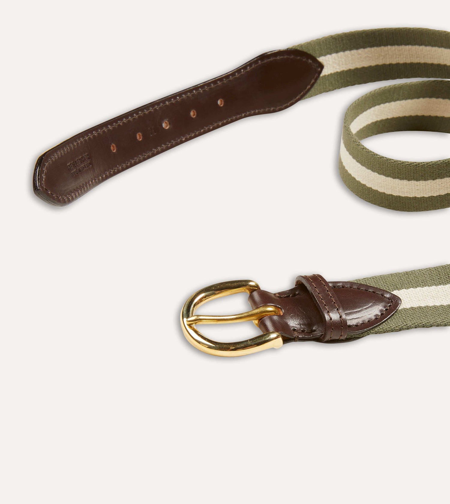 Olive and Ecru Stripe Webbing and Leather Belt with Brass Buckle