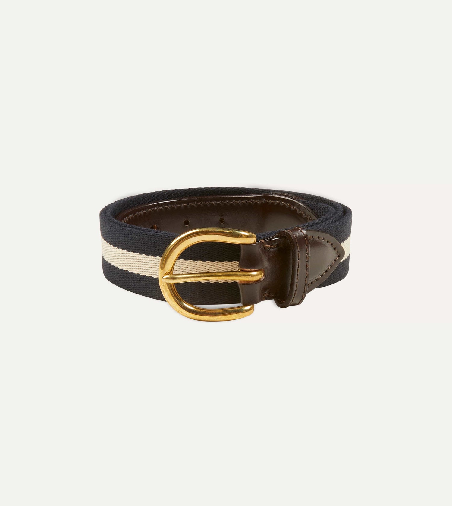 Navy and Ecru Stripe Webbing and Leather Belt with Brass Buckle