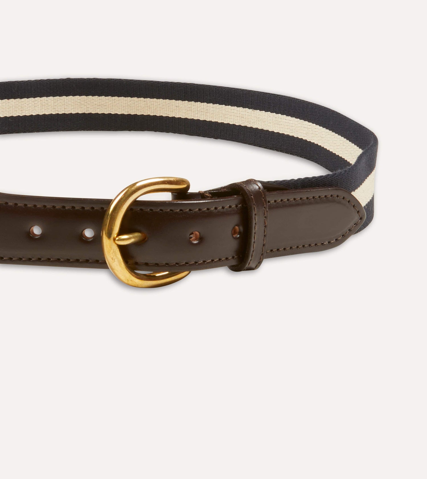 Navy and Ecru Stripe Webbing and Leather Belt with Brass Buckle