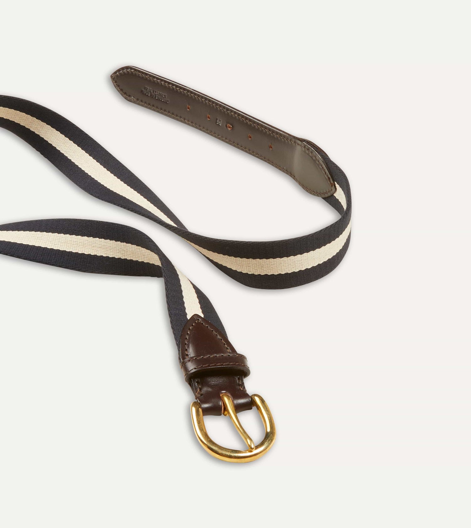 Navy and Ecru Stripe Webbing and Leather Belt with Brass Buckle