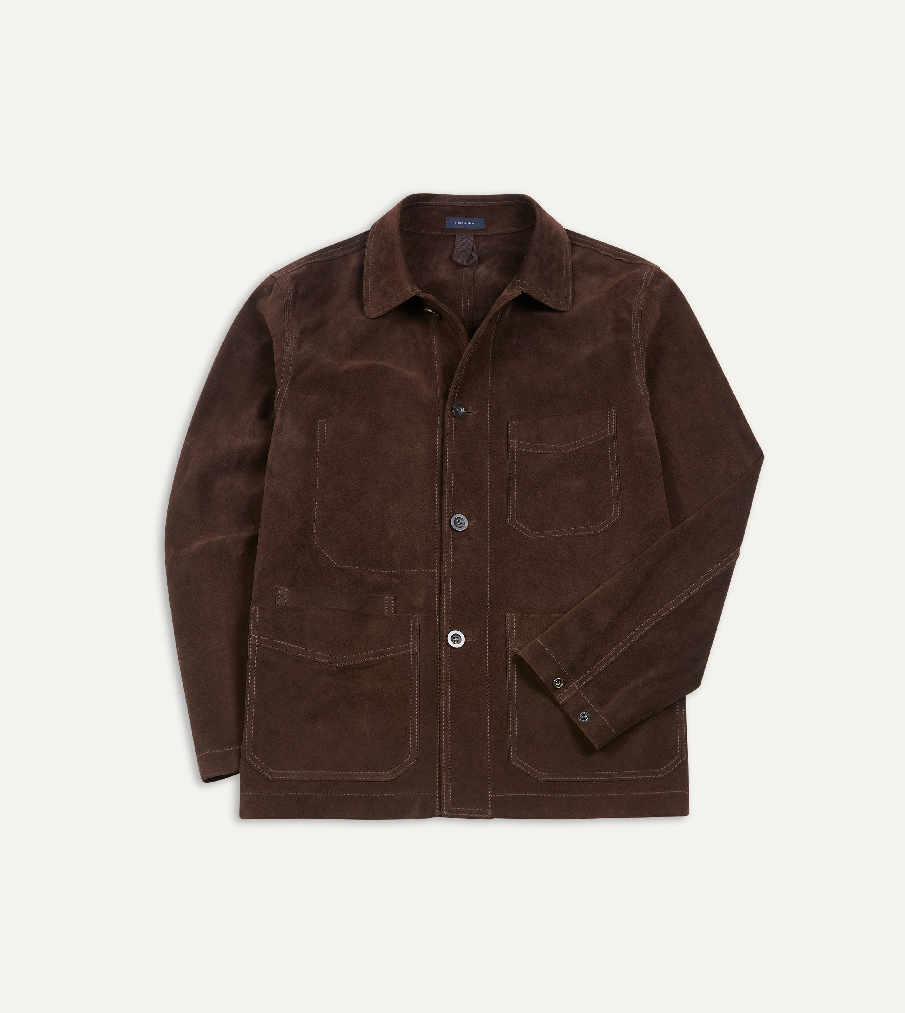 Chocolate Brown Heavyweight Suede Five-Pocket Chore Jacket – Drakes