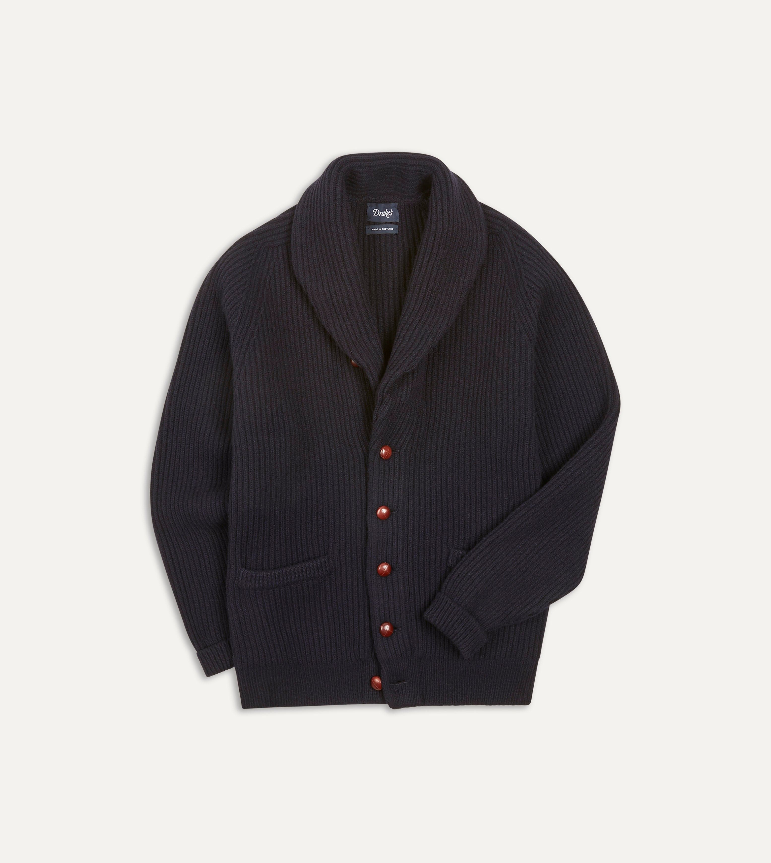 Navy Lambswool Shawl Collar Cardigan Drakes