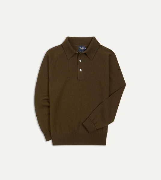 Olive Merino Wool Knitted Polo – Drakes