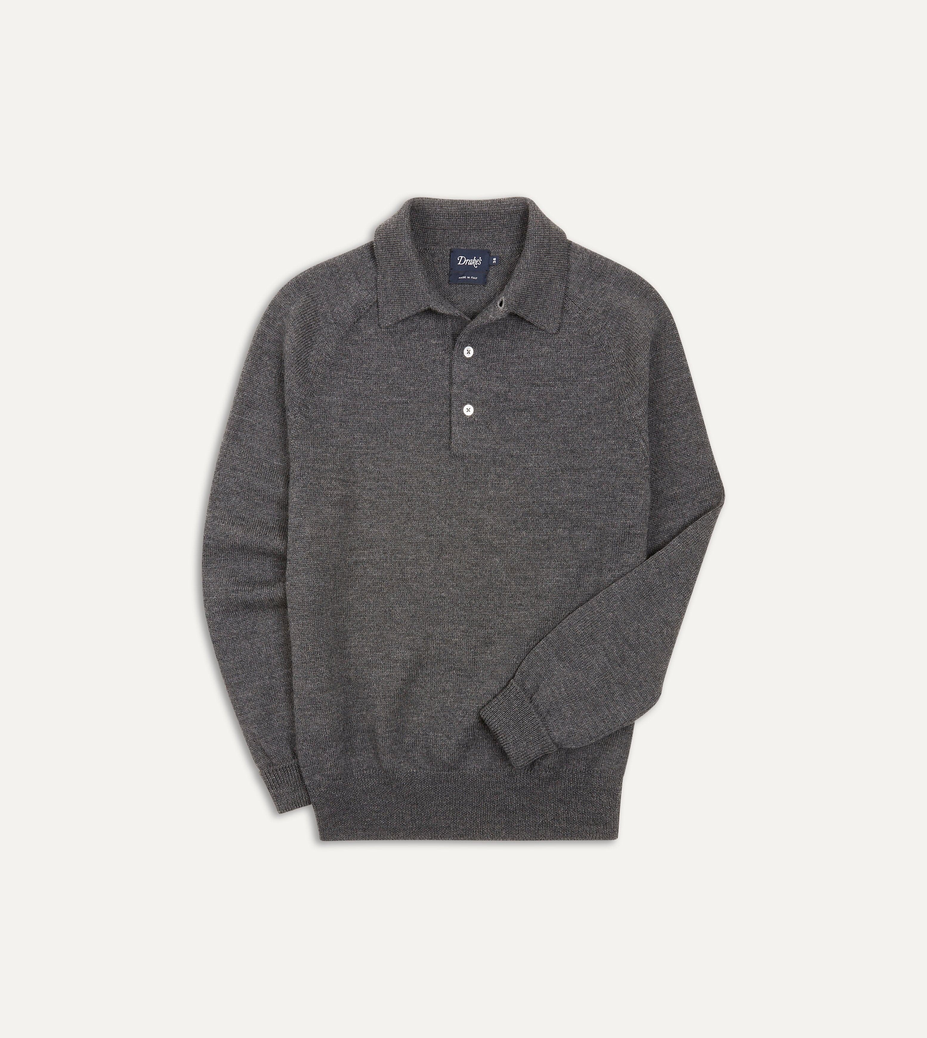 Grey Merino Wool Knitted Polo Drakes