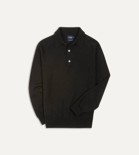 Black Long Sleeve Polo Shirt in Pure Australian Merino Wool