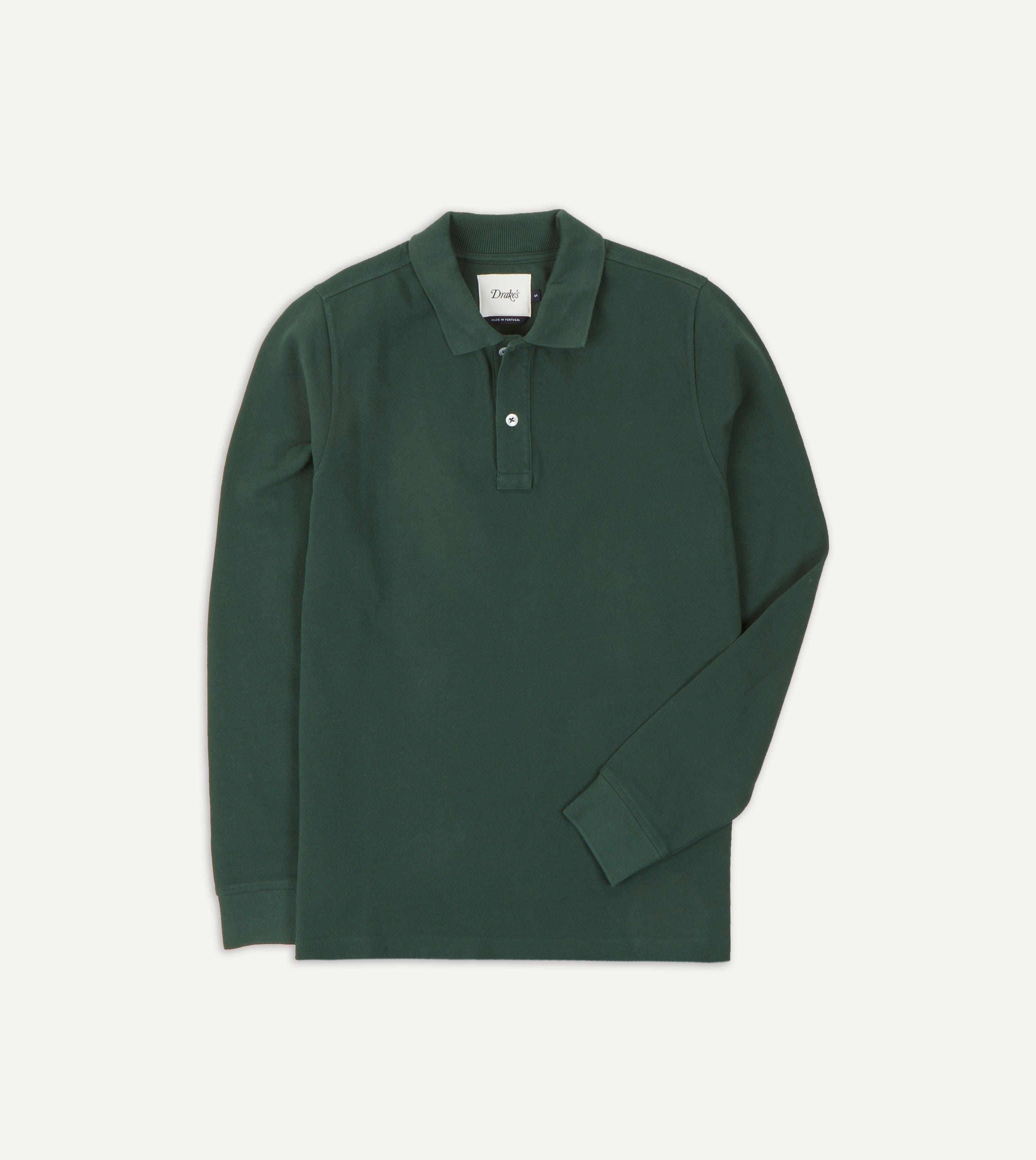 Green Pique Cotton Long Sleeve Polo Shirt Drakes